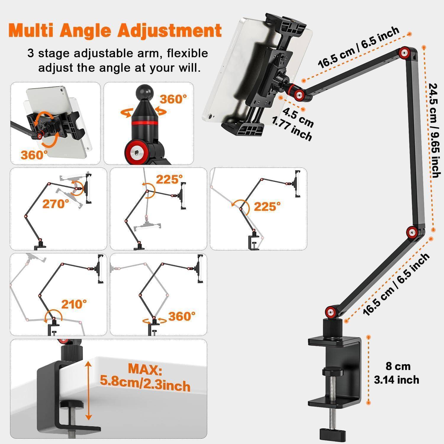 Produktdiagramm eines mehrstufig verstellbaren Arms mit 3-stufiger Flexibilität, das Drehbereichs von 360°, 270°, 225° und 210° zeigt, mit Armlängen von 16,5 cm und einer Klemmhöhe von 8 cm.