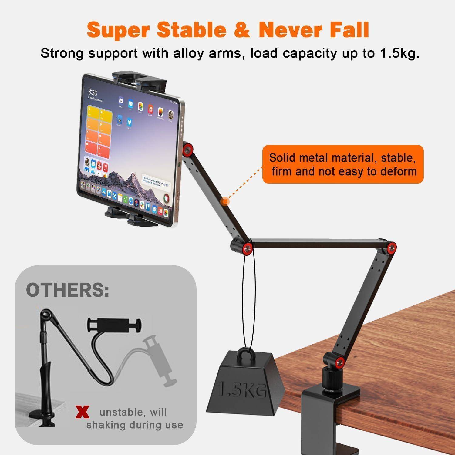 Verstellbarer Metallständer für Tablets, der an einem Schreibtisch befestigt ist und ein Tablet hält; Hinweise besagen „Super stabil und niemals umfallen" und „Tragfähigkeit bis zu 1,5 kg"", mit einem Vergleich, der einen wackeligen, minderwertigen Ständer zeigt.