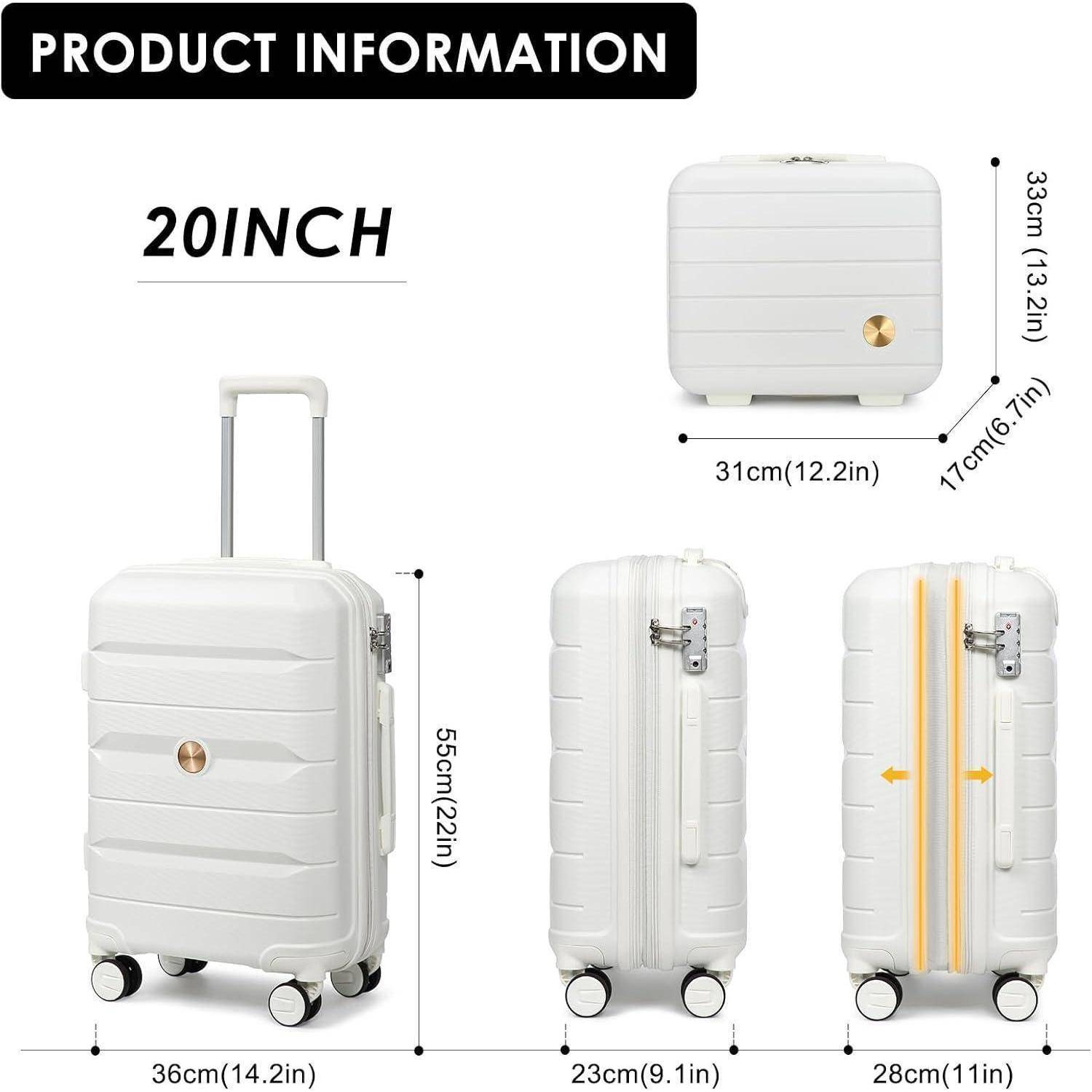 Sea choice Hartschalen Koffer Trolley Erweiterbar Kabinen Handgepäck 100% PP Leicht Reisekoffer mit 360°Doppel Spinner Rollen & TSA Schloss Weiß 55