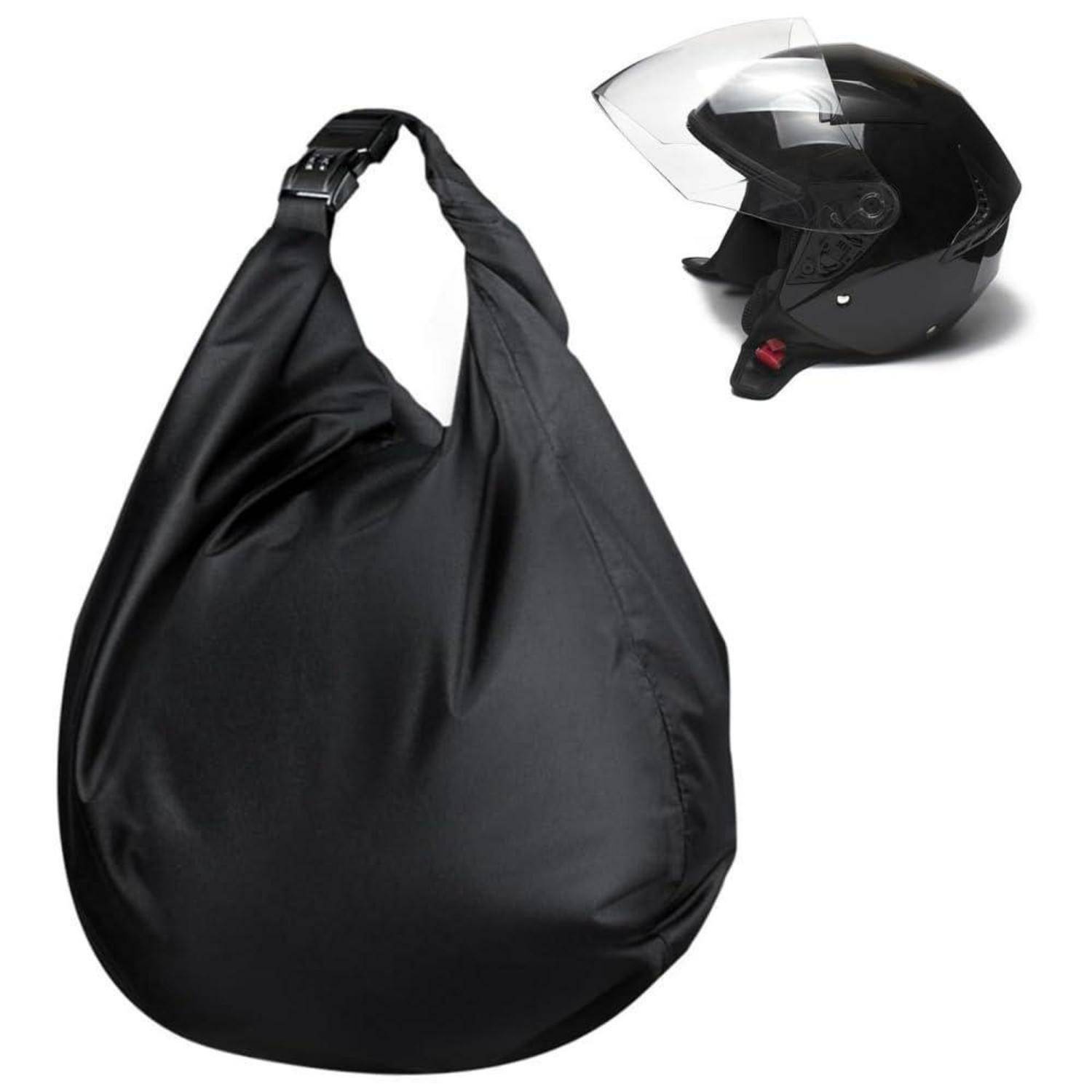 Schwarze Motorradhelm-Tasche mit Schnallenverschluss, dargestellt neben einem schwarzen Integralhelm als Größenvergleich.