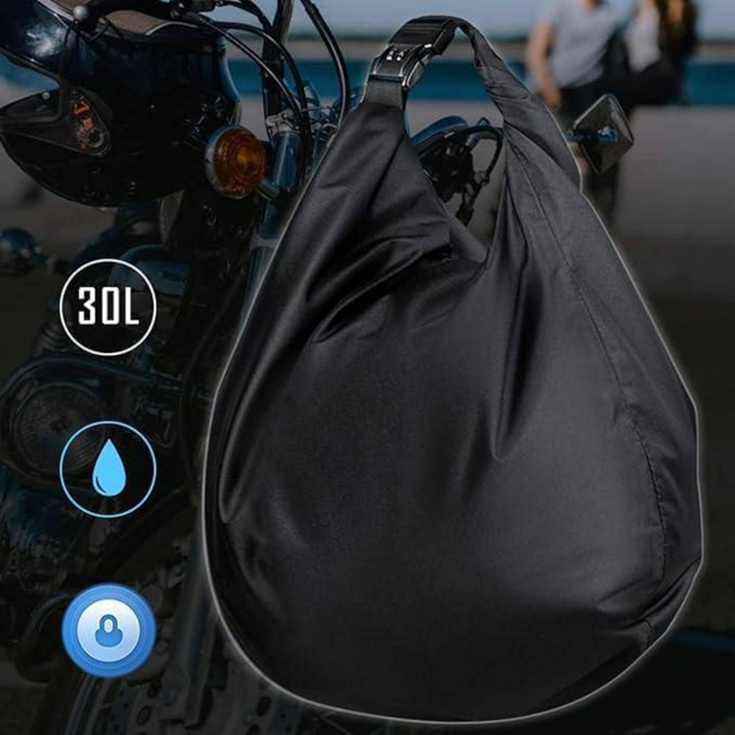 Schwarze 30-Liter-wasserdichte Motorrad-Satteltasche, die an einem Motorrad hängt, dargestellt mit wasser- und schlossfesten Symbolen.