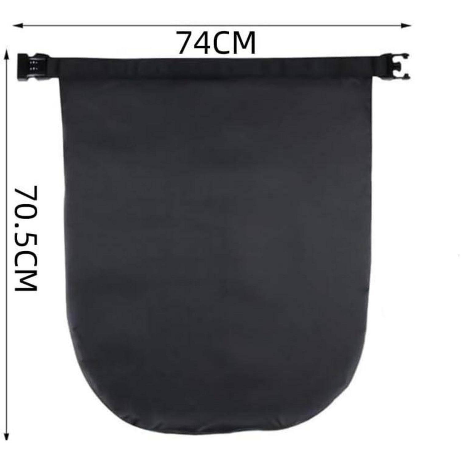 Schwarze hängende Aufbewahrungstasche oder Abdeckung, gemessen 74 cm breit mal 70,5 cm hoch, mit einer oberen Befestigungsleiste und rundem Boden.