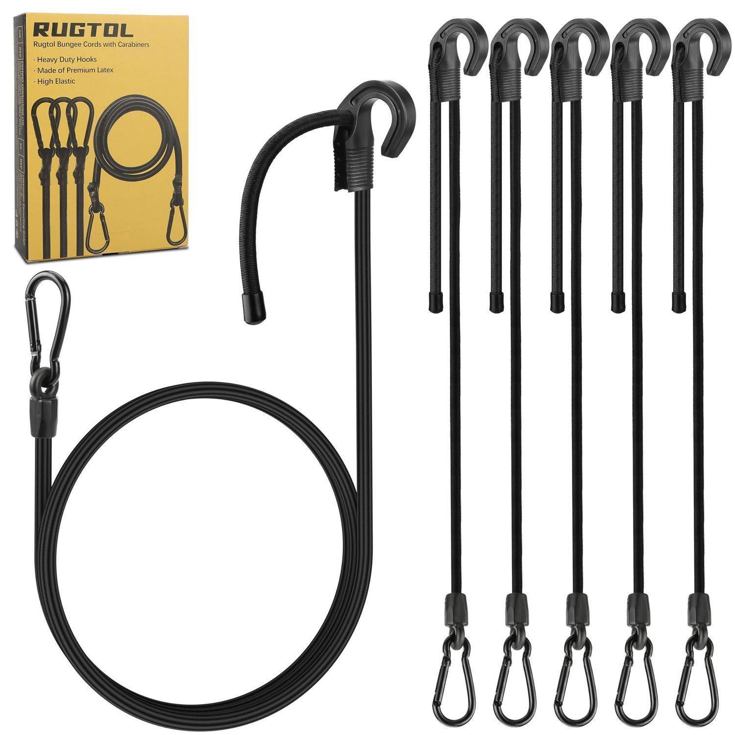 Satz von schwarzen Bungee-Seilen mit Metallclips und Haken, aufgewickelt und in mehreren Längen dargestellt, mit RUGTOL-Verpackung.