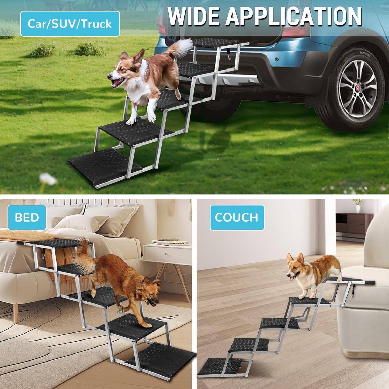 Zusammenklappbare Haustiertreppen mit breiten Stufen, gezeigt neben einem Auto/SUV/Lastwagen, einem Bett und einem Sofa, um Hunden beim sicheren Hochklettern zu helfen.