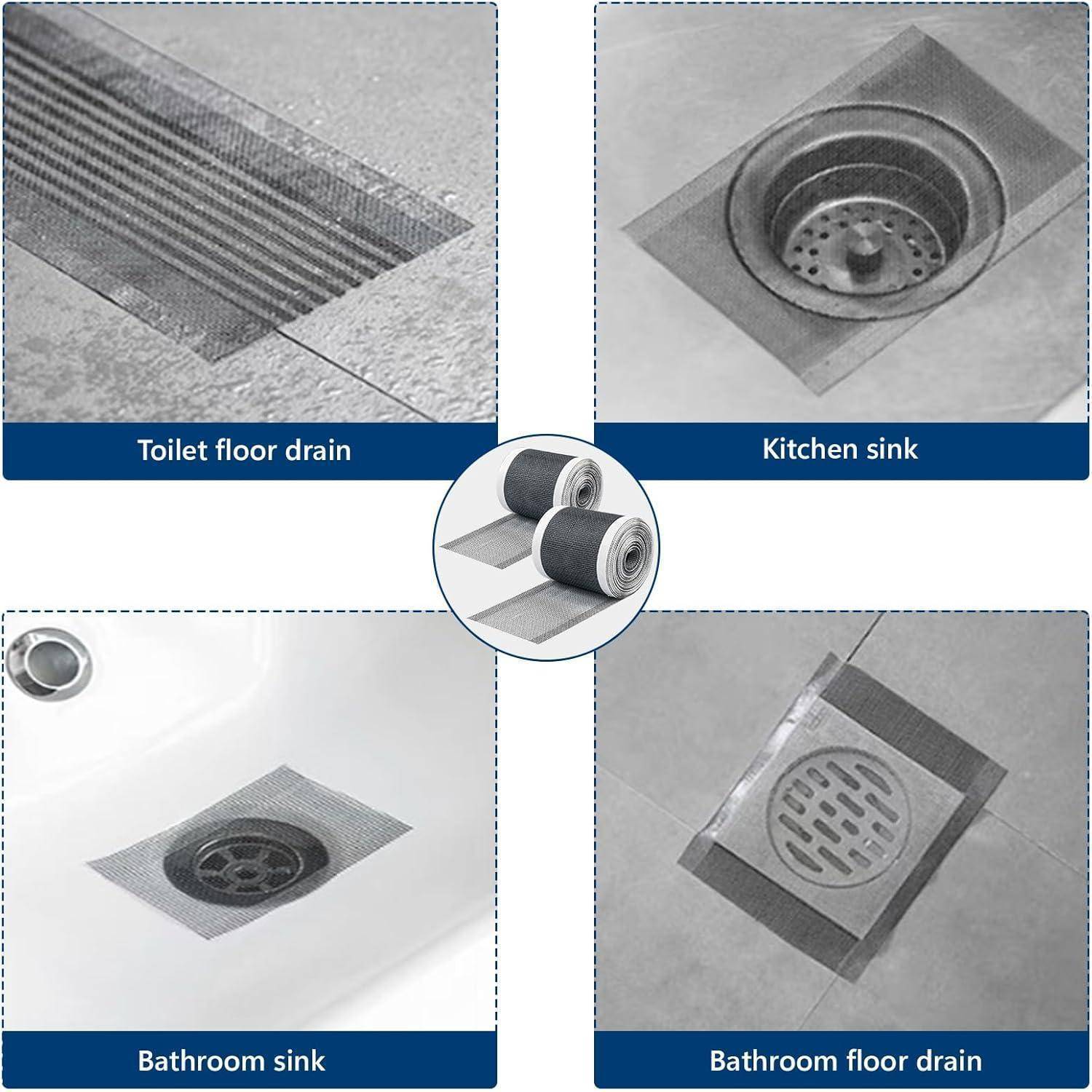 Vier Beispiele einer wasserdichten Dichtungsmatte, die um Abflüsse und Spülen verwendet wird: Toilettenboden-Abfluss, Küchenspüle, Badezimmerspüle und Badezimmerboden-Abfluss.
