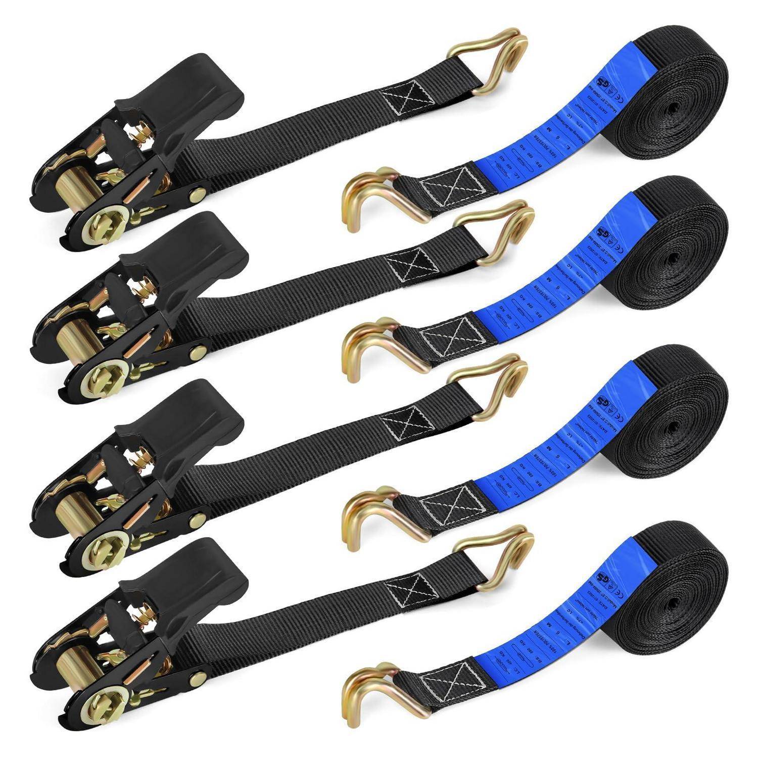 Vier schwarze Ratschenverschluss-Spanngurte mit goldenen Haken und blauem Gurtband, aufgerollt auf weißem Hintergrund.