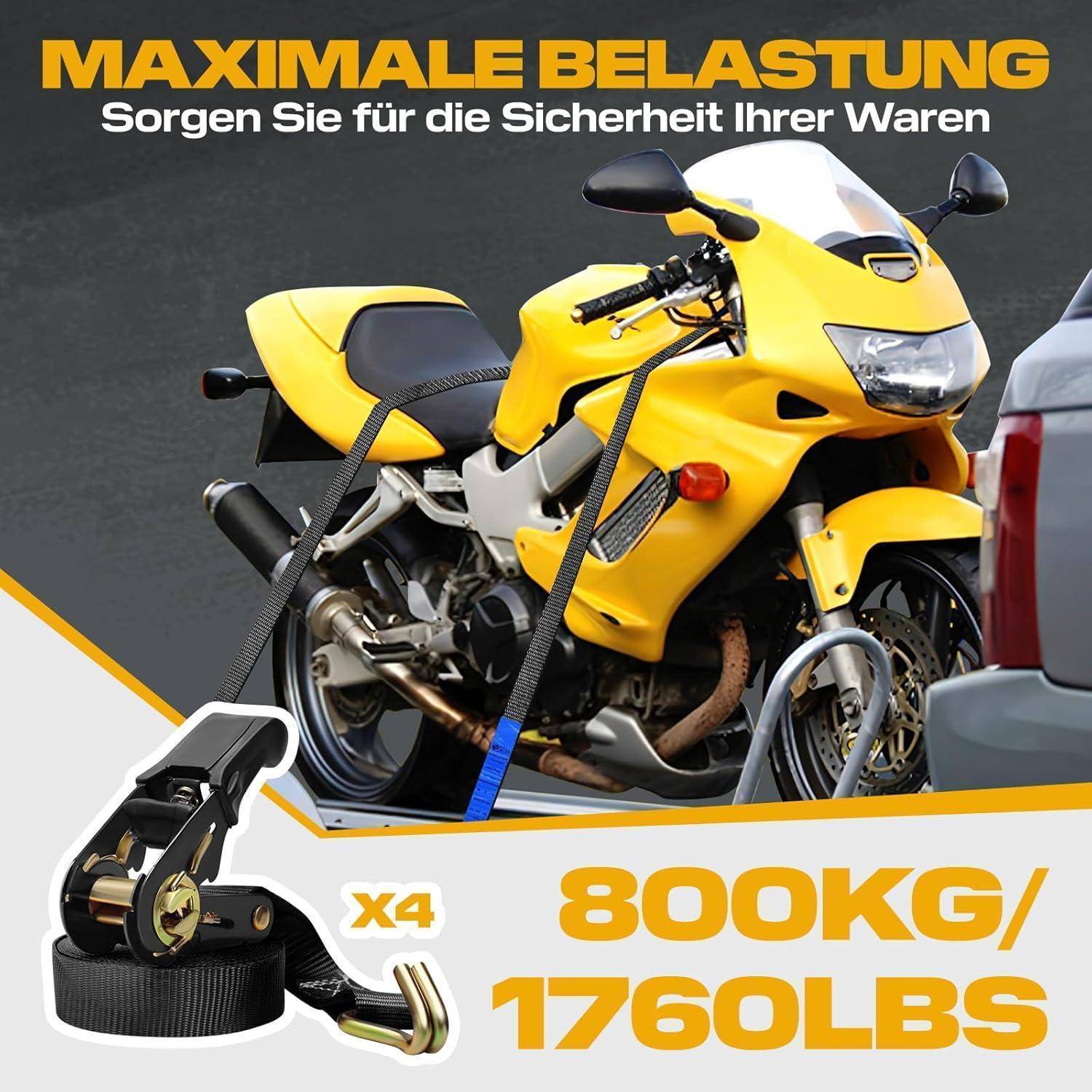 Deutsches Plakat zeigt ein gelbes Sportmotorrad, das durch Riemen gesichert ist und bewirbt die maximale Tragfähigkeit: „800KG/1760LBS