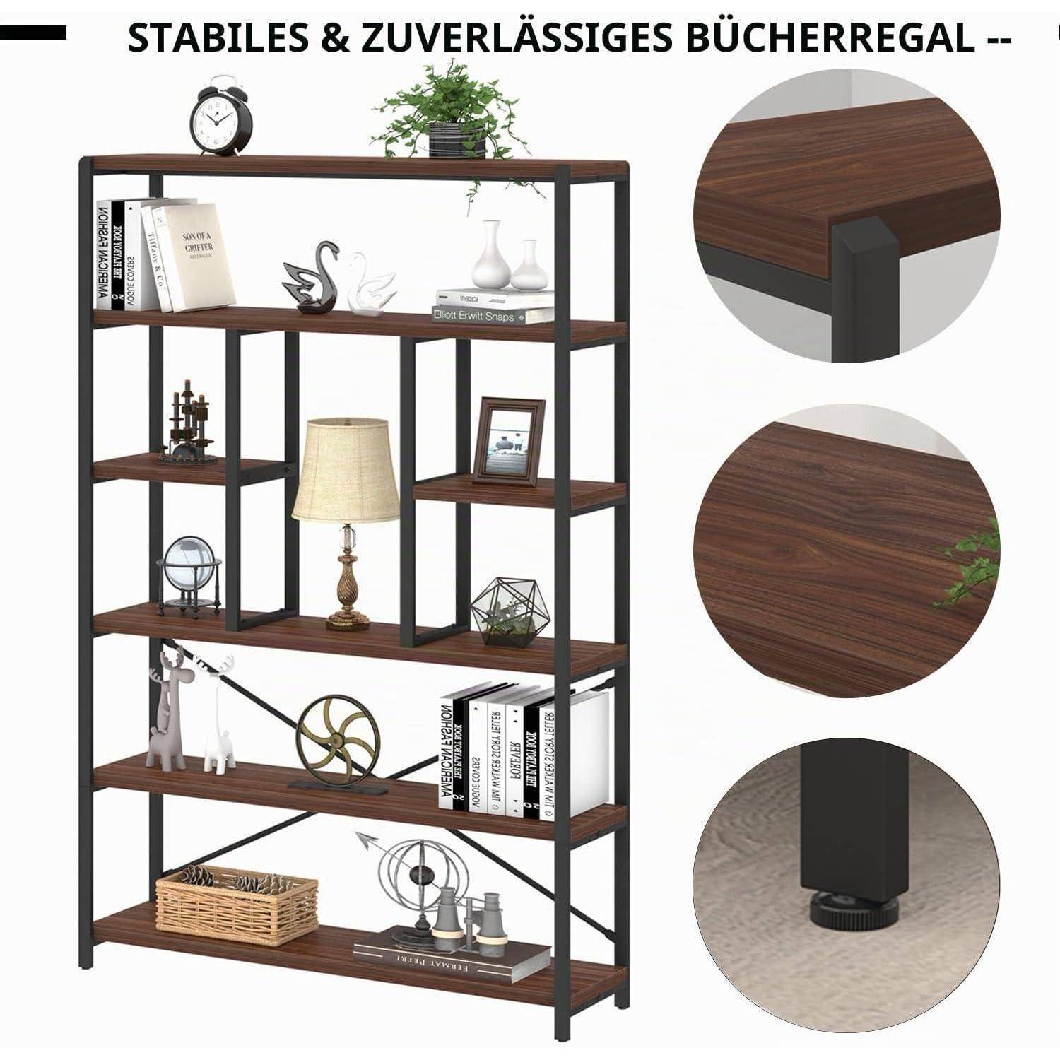 Hoher schwarzer Metall- und Holzregal mit mehreren Regalen, gestylt mit Büchern und Dekorationen; Nahaufnahmen zeigen Holzmaserung, stabile Eckenverbindungen und verstellbare Füße.