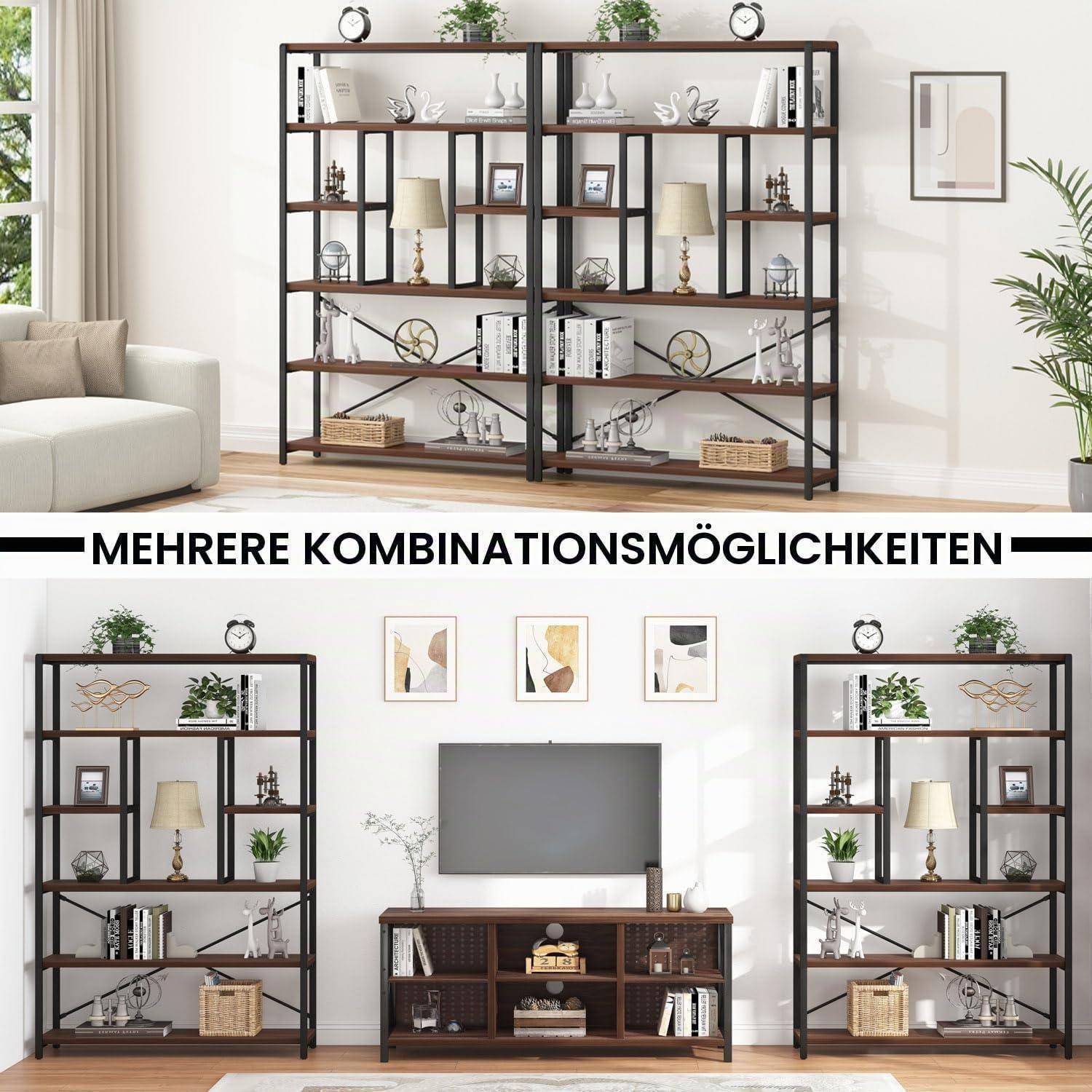Möbelanzeige, die ein modulares Regalsystem aus dunklem Holz in mehreren Konfigurationen zeigt, eingerichtet in einem Wohnzimmer mit Büchern, Pflanzen, Lampen und Dekoration.