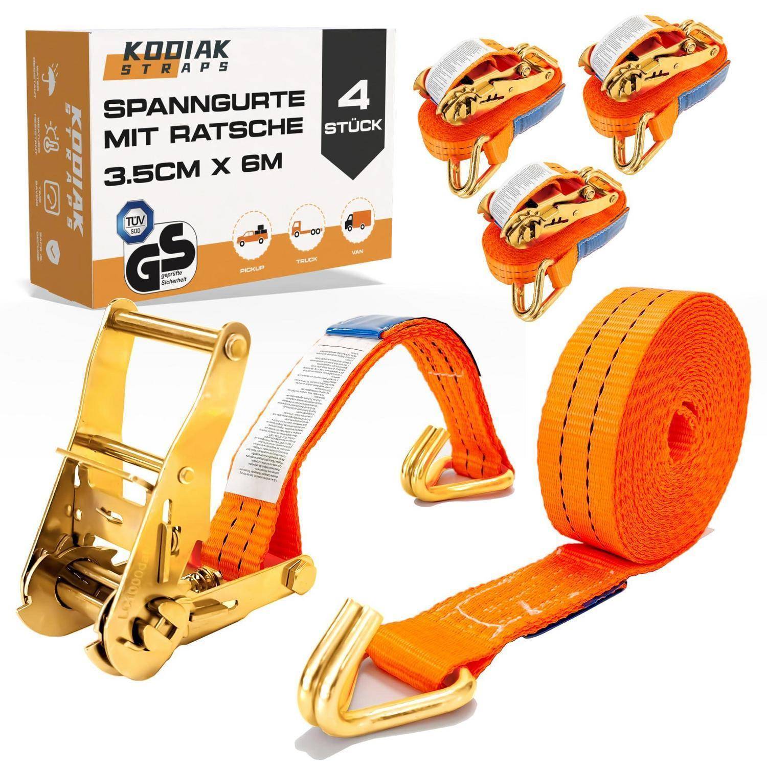 Orange-Spannriemen mit Ratsche und goldene Ratschenschnallen, gezeigt mit Verpackung mit der Aufschrift „KODIAK STRAPS