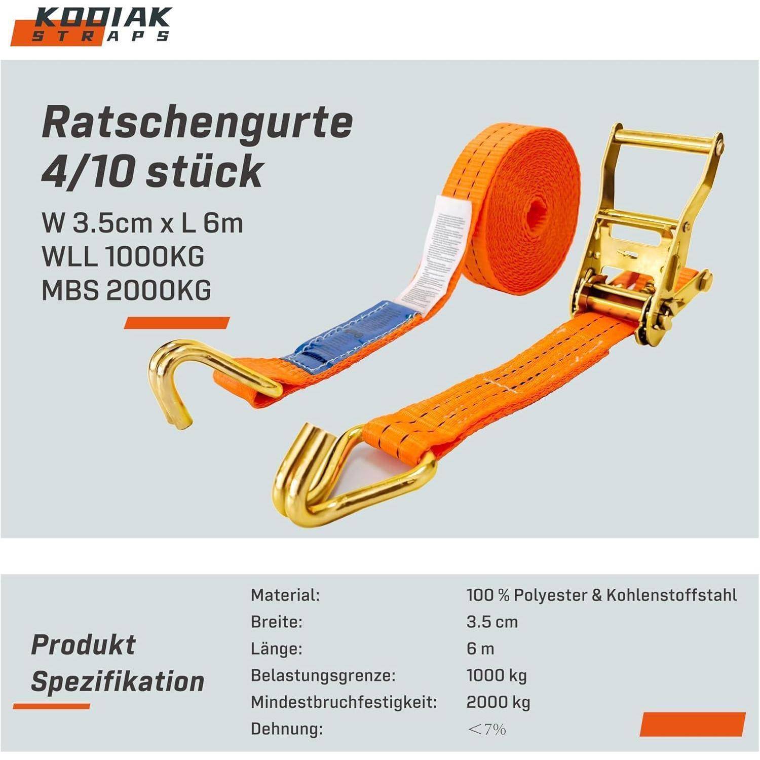 10 Stück Spanngurte 6m x 2000kg mit Ratsche und Haken - 35mm Zurrgurte mit Ratsche - Orange Ratschengurt für Ladungssicherung - TÜV/GS geprüft nac