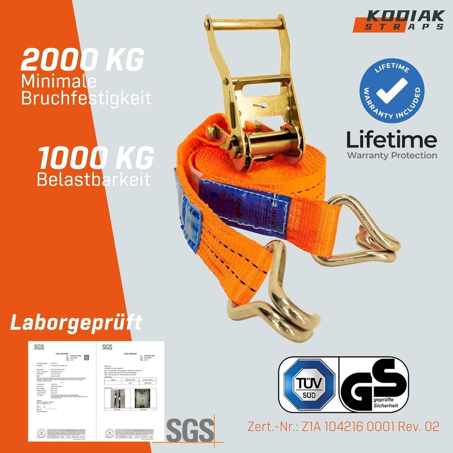 Produktanzeige mit einem orangefarbenen Ratschengurt mit Metallschnalle; der Text besagt „2000 KG minimale Bruchfestigkeit