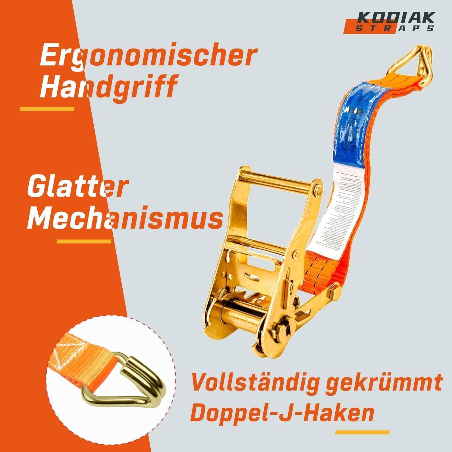 Werbegraphy eines Kodiak Straps Ratschenverschluss mit Darstellung des Riemens und der Metallschnalle mit deutschen Beschriftungen: ergonomischer Griff, glatter Mechanismus und vollständig gebogener doppelter J-Haken.