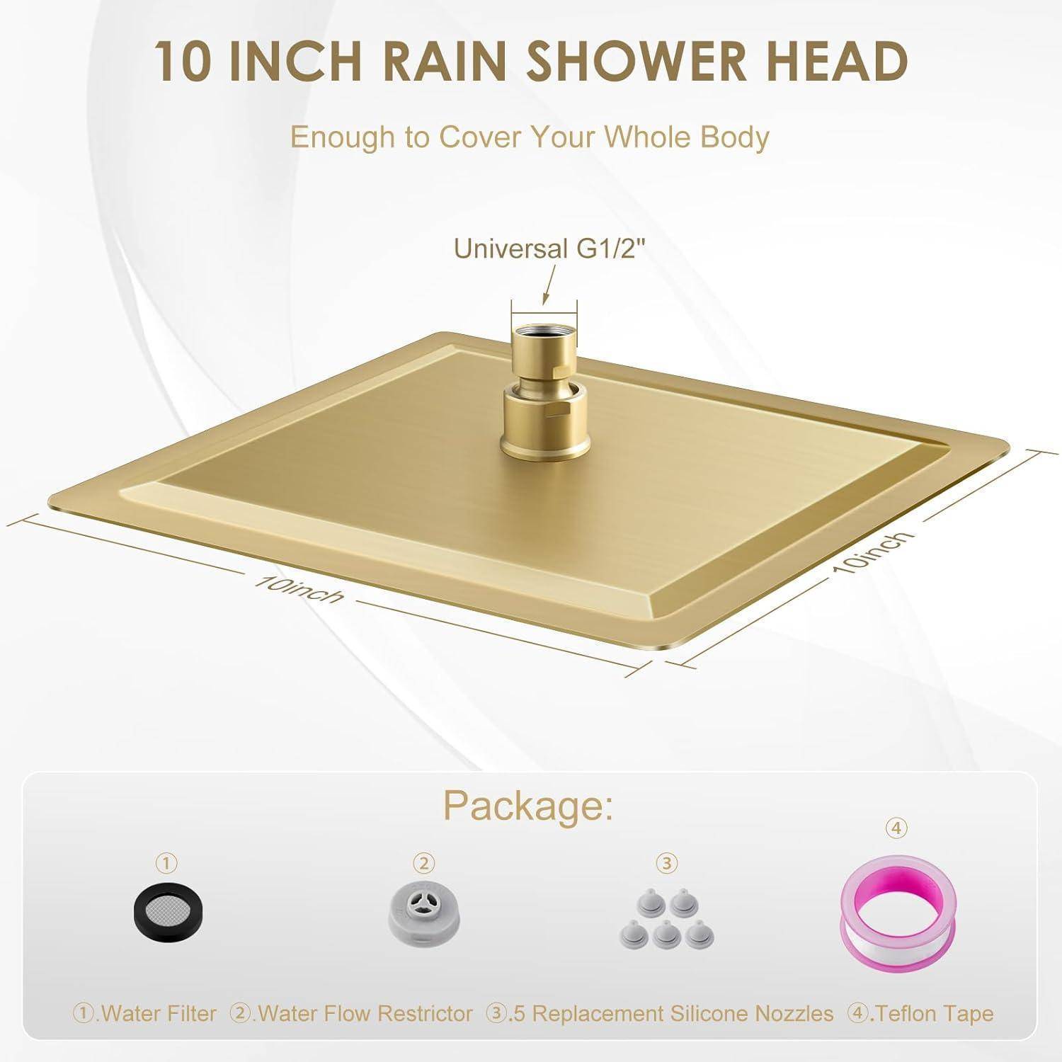 25CM Duschkopf Regendusche Groß Gebürstetes Gold, 304 Edelstahl Wasserfall Duschkopf Wassersparend, Mit 121 Anti Kalk Düsen, 360° Verstellbarer 10