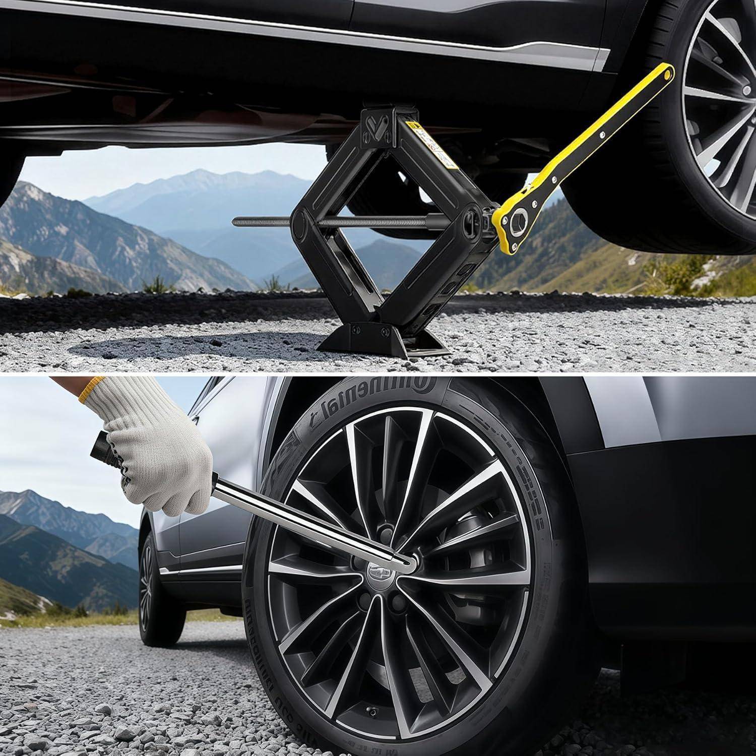 Collage, das einen von einem Scherenwagenheber gehobenen Wagen und eine behandschuhte Hand zeigt, die mit einem Radschlüssel eine Radmutter löst.
