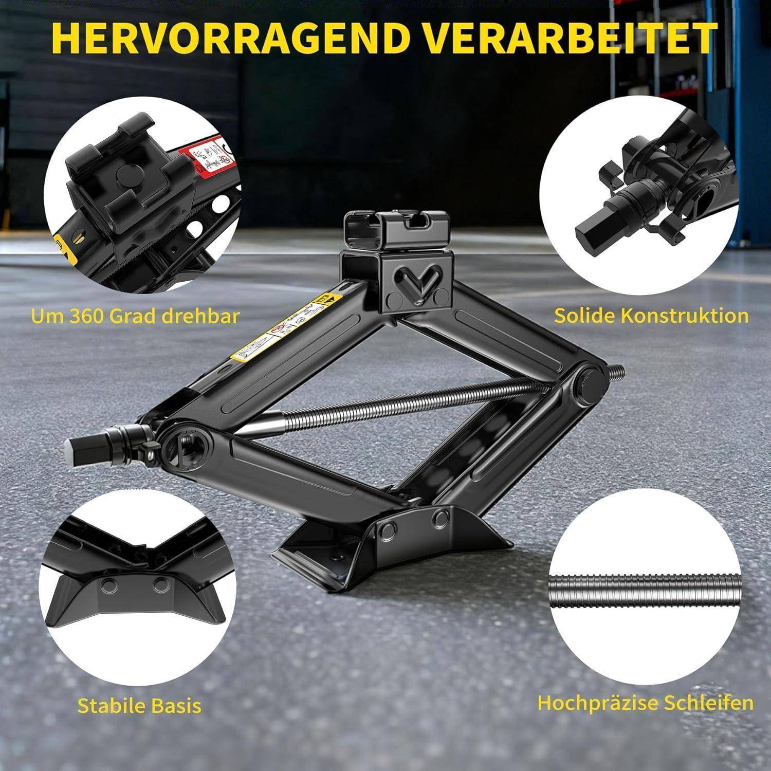 Schwarzer Scherenwagenhebergrbock auf einem Garagenboden, mit deutschen Etiketten, die 360-Grad-Drehung, robuste Konstruktion, stabile Basis und präzises Schleifen hervorheben.