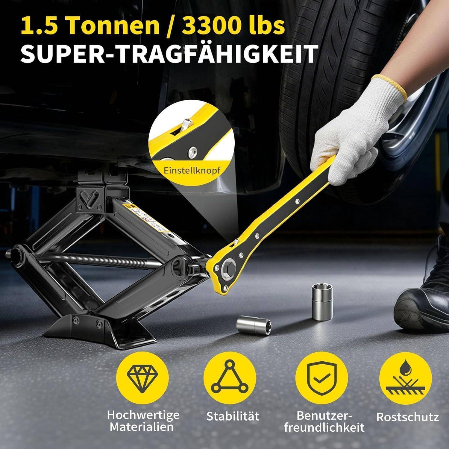 Werbegrafik eines Autoscherenhhebers, der ein Fahrzeug anhebt, mit den Etiketten „1,5 Tonnen / 3300 lbs Super-Tragfähigkeit