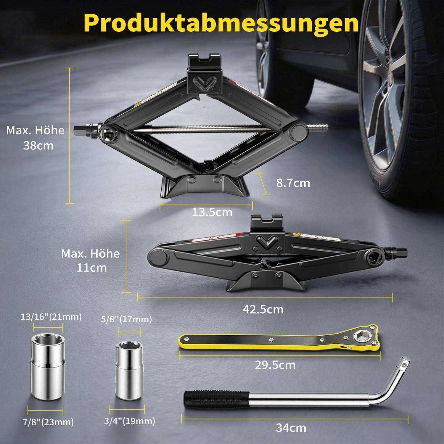 Produktmessungen für einen Scherenwagenheber und enthaltene Werkzeuge, zeigt maximale Höhe 38 cm, abgesenkte Höhe 11 cm, Hebbreite 42,5 cm und Werkzeuggrößen in cm und Zoll.