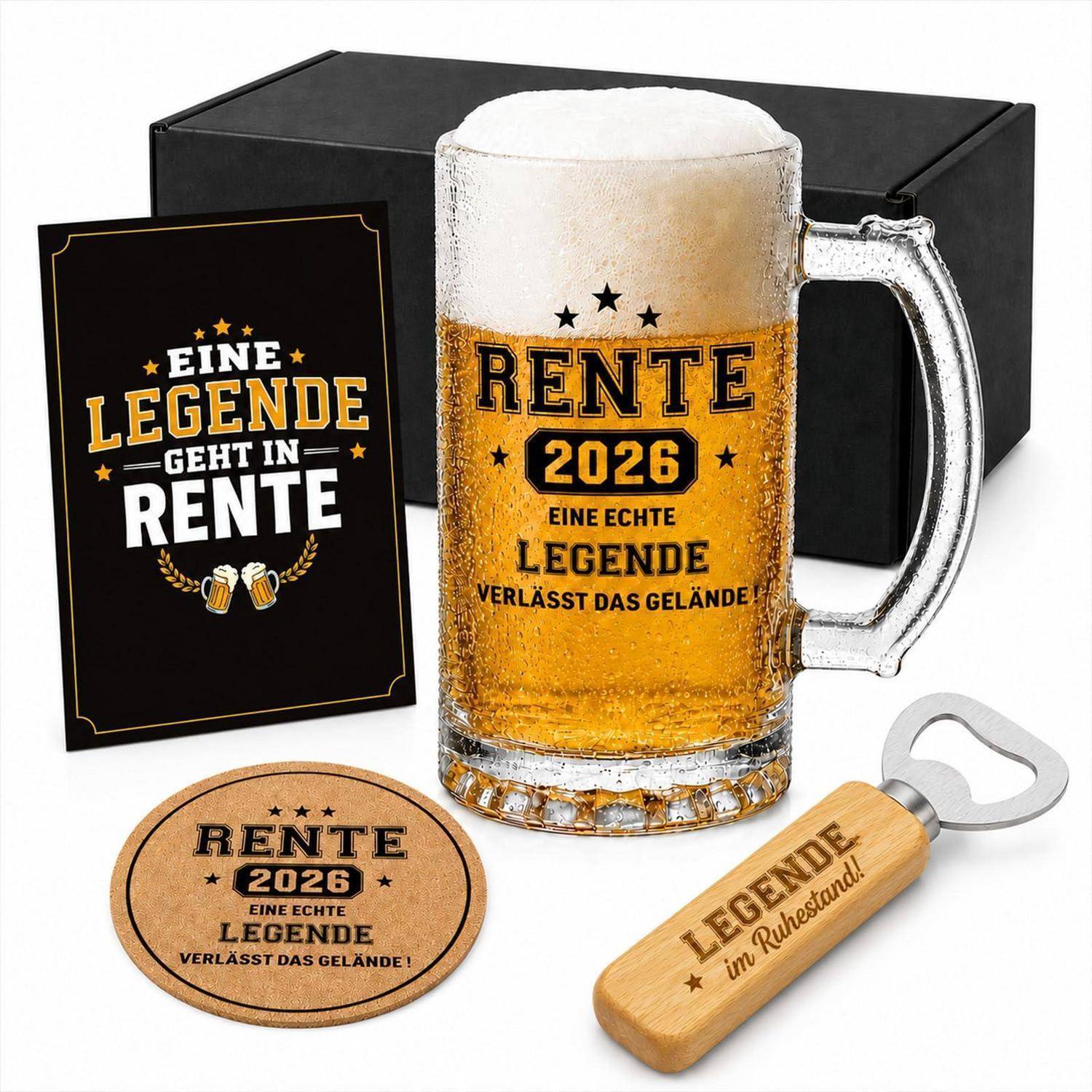 Geschenkset zur Rente: Bierkrug mit der Aufschrift „RENTE 2026