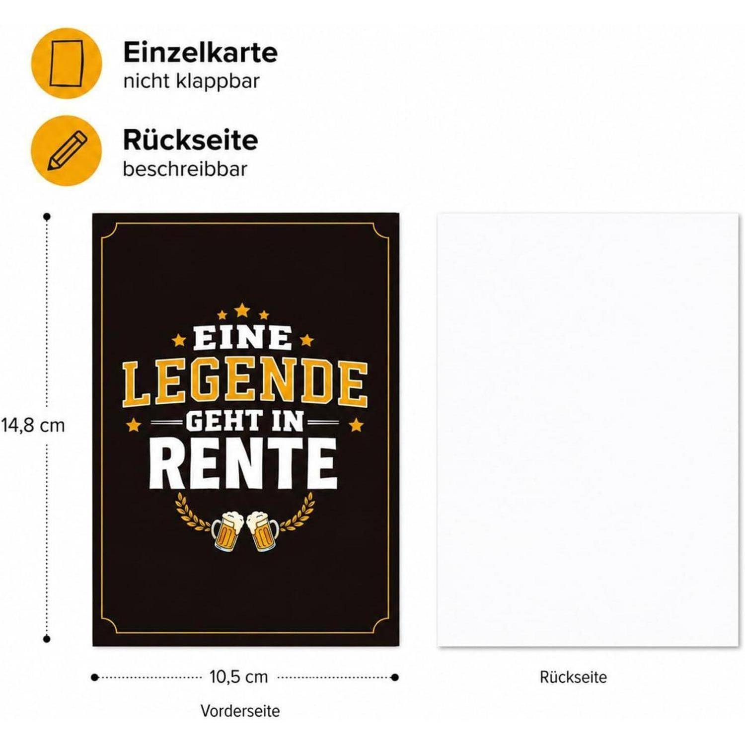 Produktmockup einer einzelnen, nicht faltbaren Karte, 10,5 x 14,8 cm, Vorderseite trägt den Text „EINE LEGENDE GEHT IN RENTE