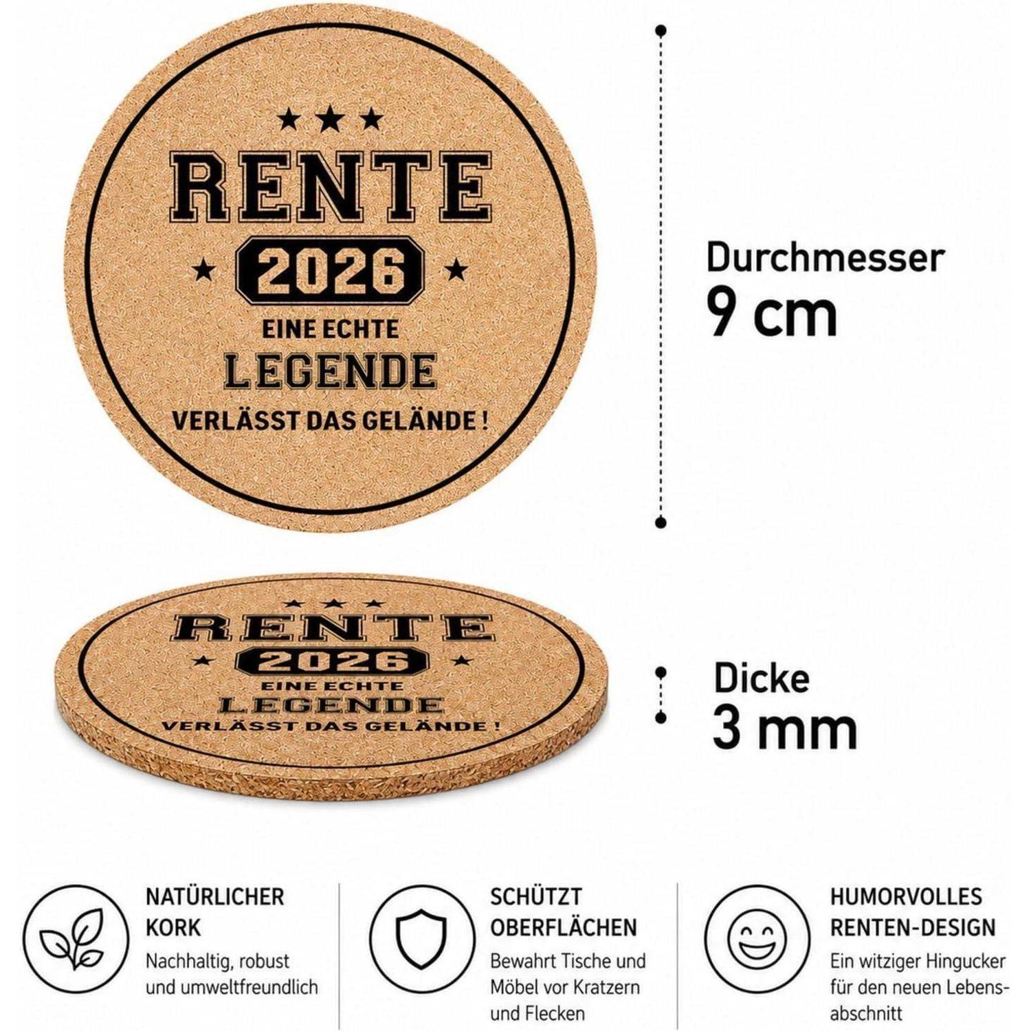 Runder Korkuntersetzer mit „RENTE 2026 – EINE ECHTE LEGENDE VERLÄSST DAS GELÄNDE!