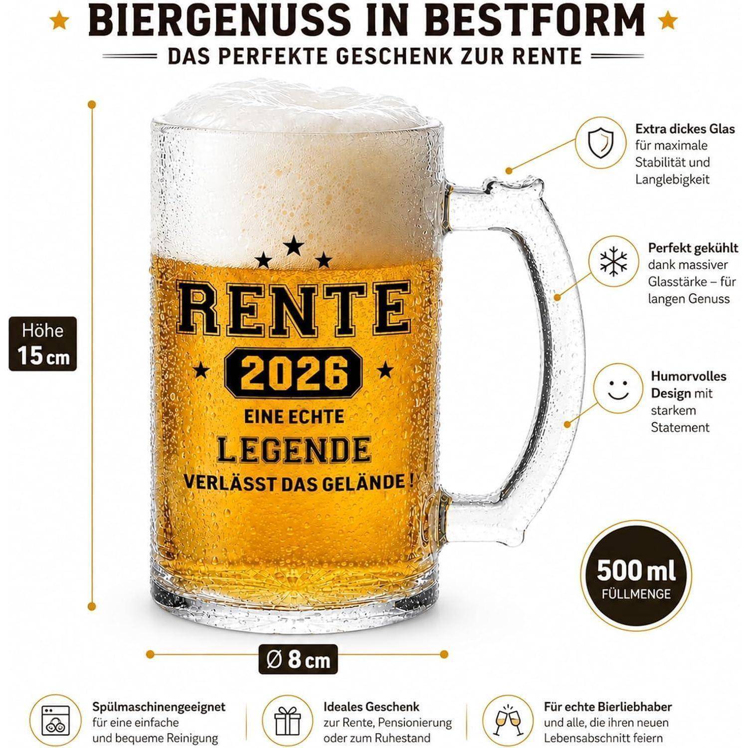 Werbebild eines Bierkrugs als Geschenk mit der Aufschrift „RENTE 2026, EINE ECHTE LEGENDE VERLÄSST DAS GELÄNDE