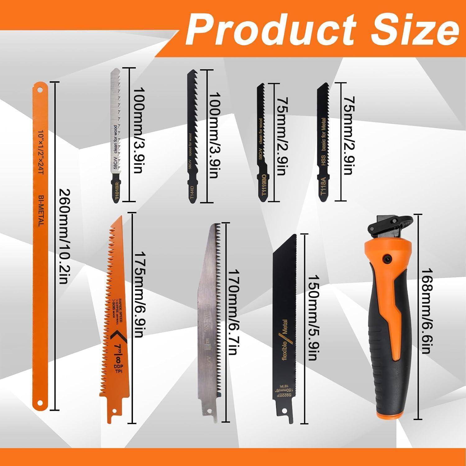 Produktgrößentabelle mit acht Sägeblättern und einem orange-schwarzen Griff, mit Abmessungen in Millimetern und Zoll gekennzeichnet.