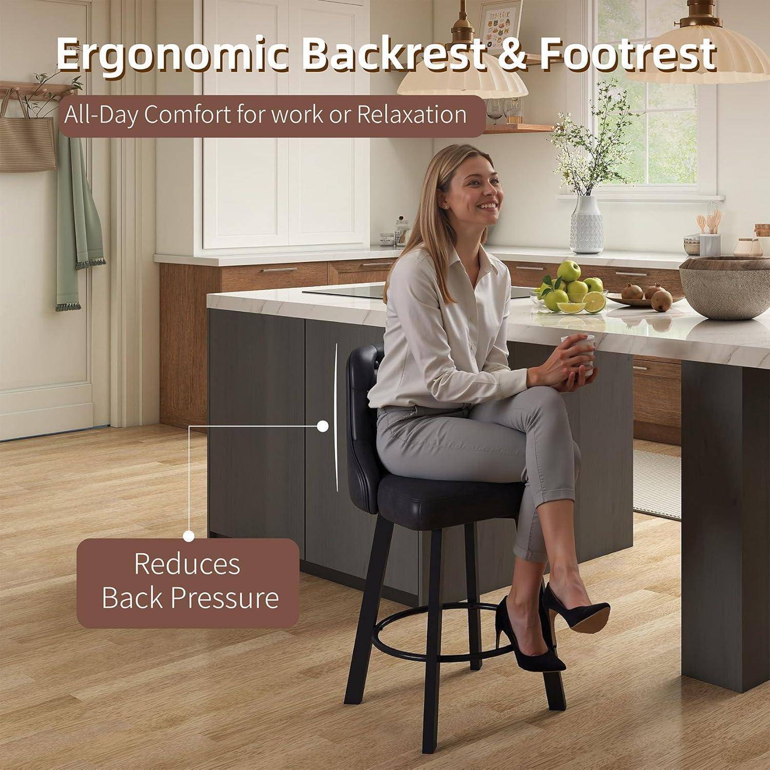 Youhauchair Barhocker 4er Set, Moderner wasserdichter Barhocker aus PU-Leder, 360° drehbarer Barstuhl mit Fußstütze, Sitzhöhe 66,5 cm, Tragkraft