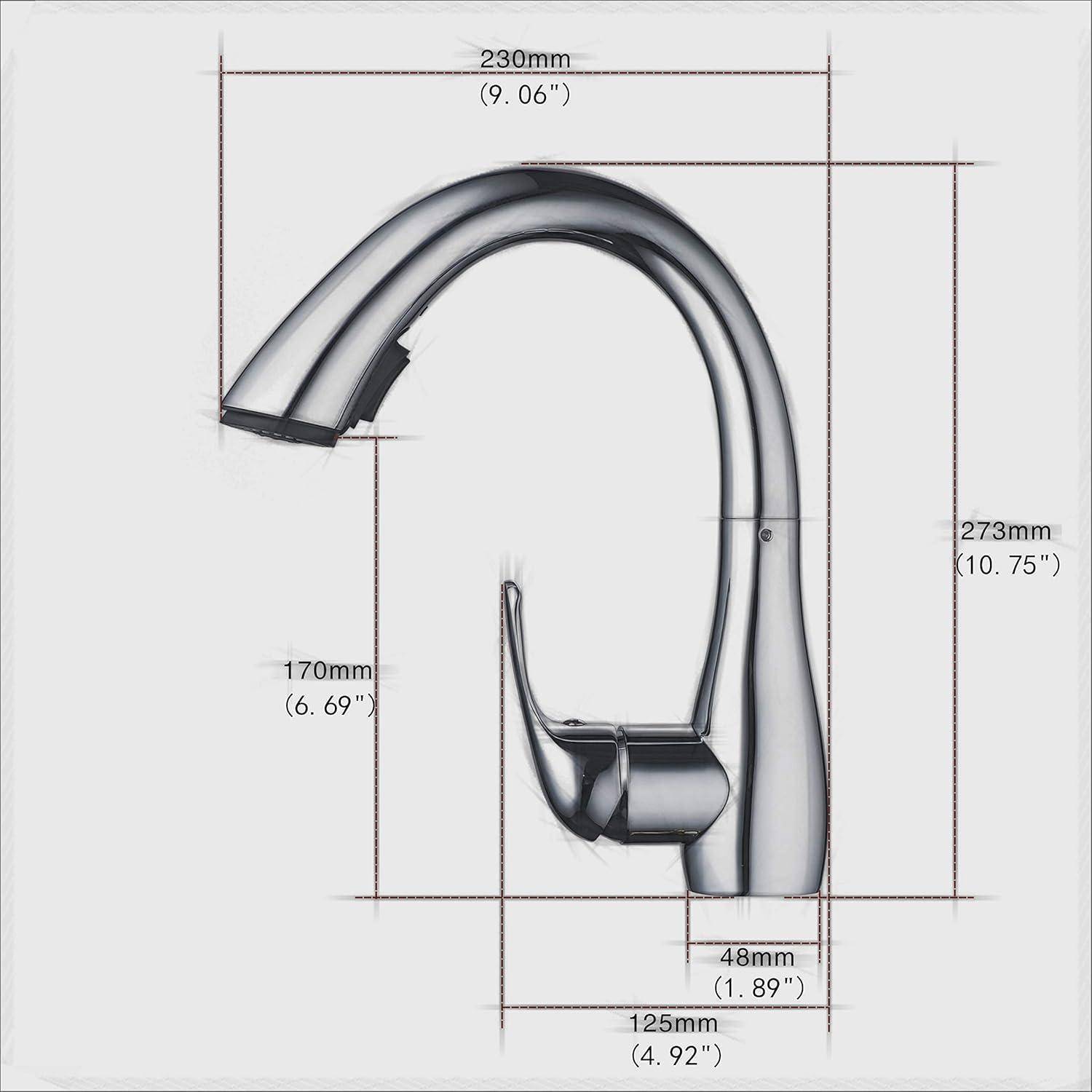 Chromglanzarmatur fürs Badezimmer mit Abmessungen: 230 mm Breite, 273 mm Höhe, 170 mm Auslaufhöhe, 125 mm Basisbreite und 48 mm Tiefe.