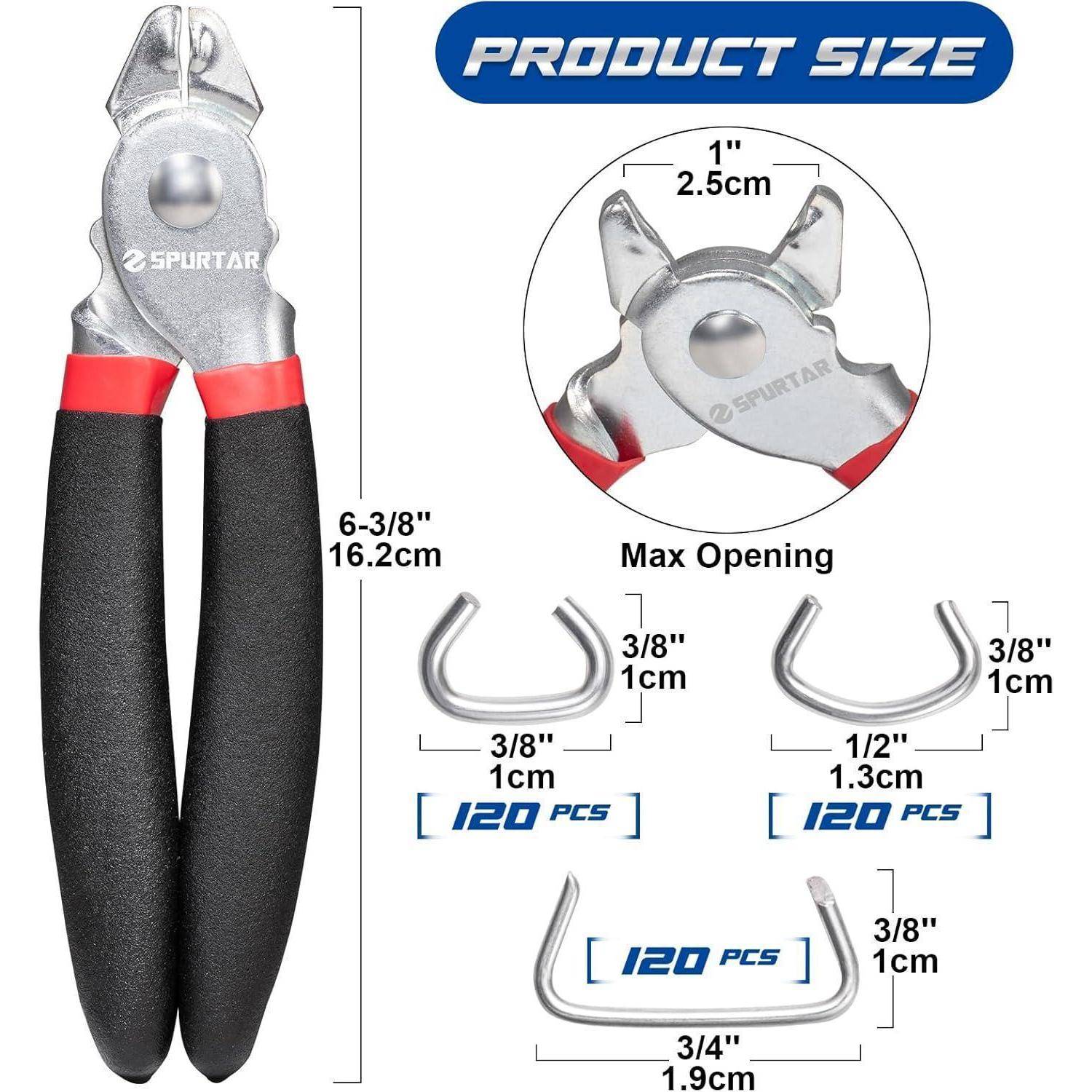 Produktgrößendiagramm für Drahtschneider/Zangen mit einer Gesamtlänge von 6-3/8 Zoll (16,2 cm), maximale Öffnung 1 Zoll (2,5 cm) und drei Biegegrößen: 3/8 Zoll, 1/2 Zoll und 3/4 Zoll, jeweils mit 120 Stück gekennzeichnet.