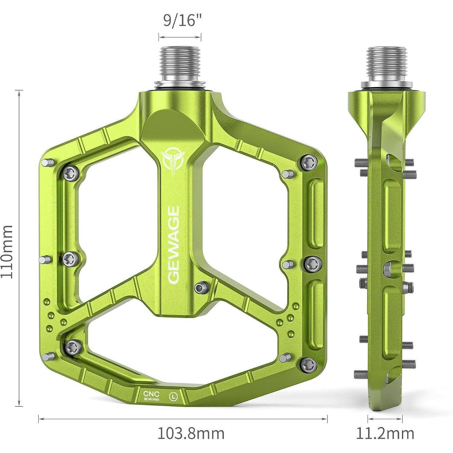 Grünes CNC-Fahrradpedal in Front- und Seitenansicht mit Maßstabsbezeichnungen, einschließlich 103,8 mm breit, 110 mm hoch und 11,2 mm dick.
