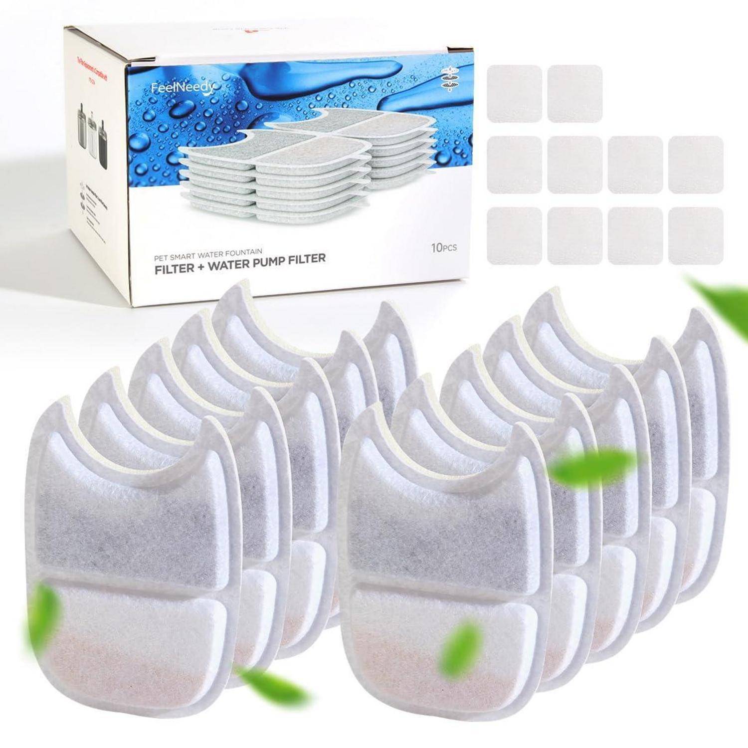 Packung mit FeelNeede intelligenten Katzenbrunnen-Filter und Pumpenfilter-Ersatzteilen, mit mehreren weißen Filterkissen, die in Stapeln und einzelnen Teilen gezeigt werden.
