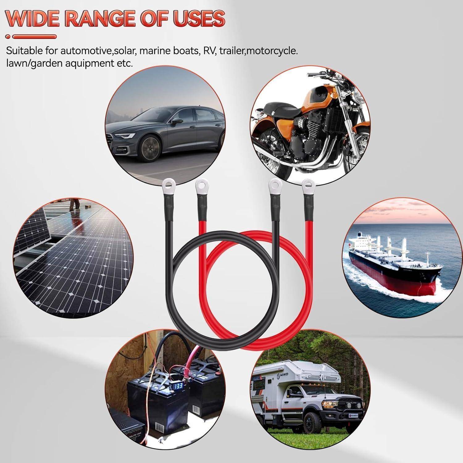 Werbegrafik für Batteriekabel: rote und schwarze Überbrückungskabel mit Symbolen eines Autos, Motorrads, Solarpanelen, Schiffs, Wohnmobils und einer Batterieanordnung, mit der Bezeichnung „BREITES ANWENDUNGSSPEKTRUM