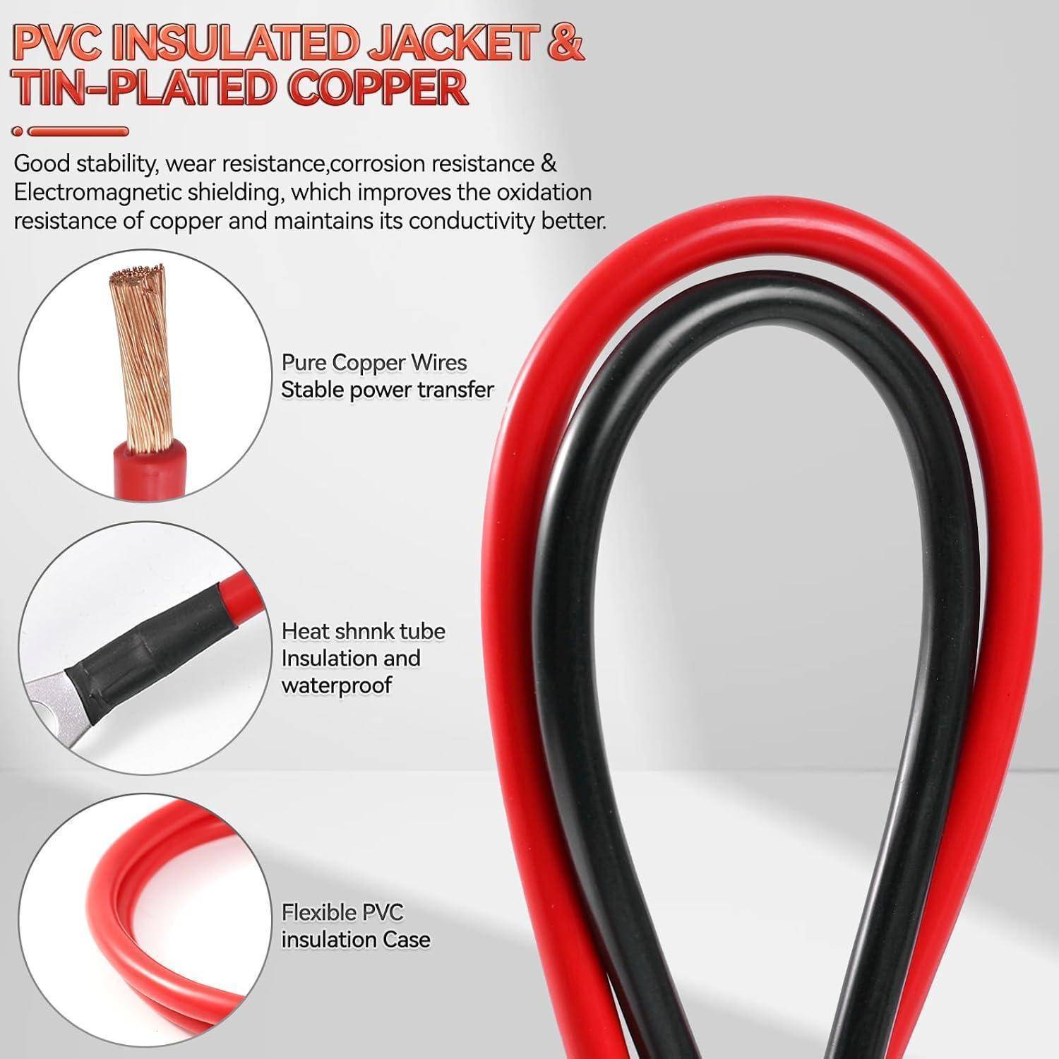 Werbegrafik, die eine rot-schwarze isolierte Kabelschleife zeigt, mit der Bezeichnung „PVC-isolierter Mantel & verzinntes Kupfer