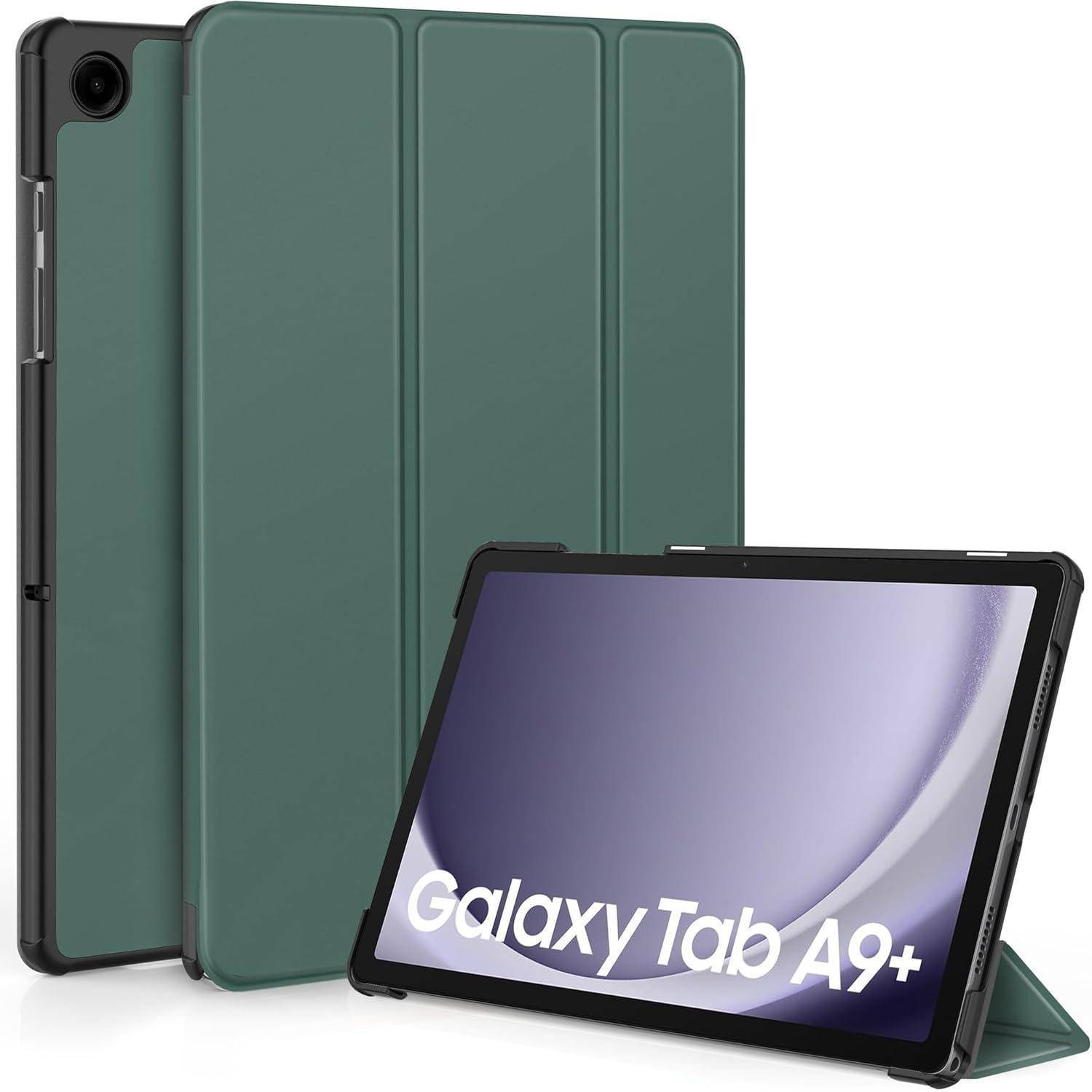 Samsung Galaxy Tab A9+ Tablet in einer grünen Folio-Schutzhülle, geschlossen und geöffnet dargestellt, wobei der Bildschirm 