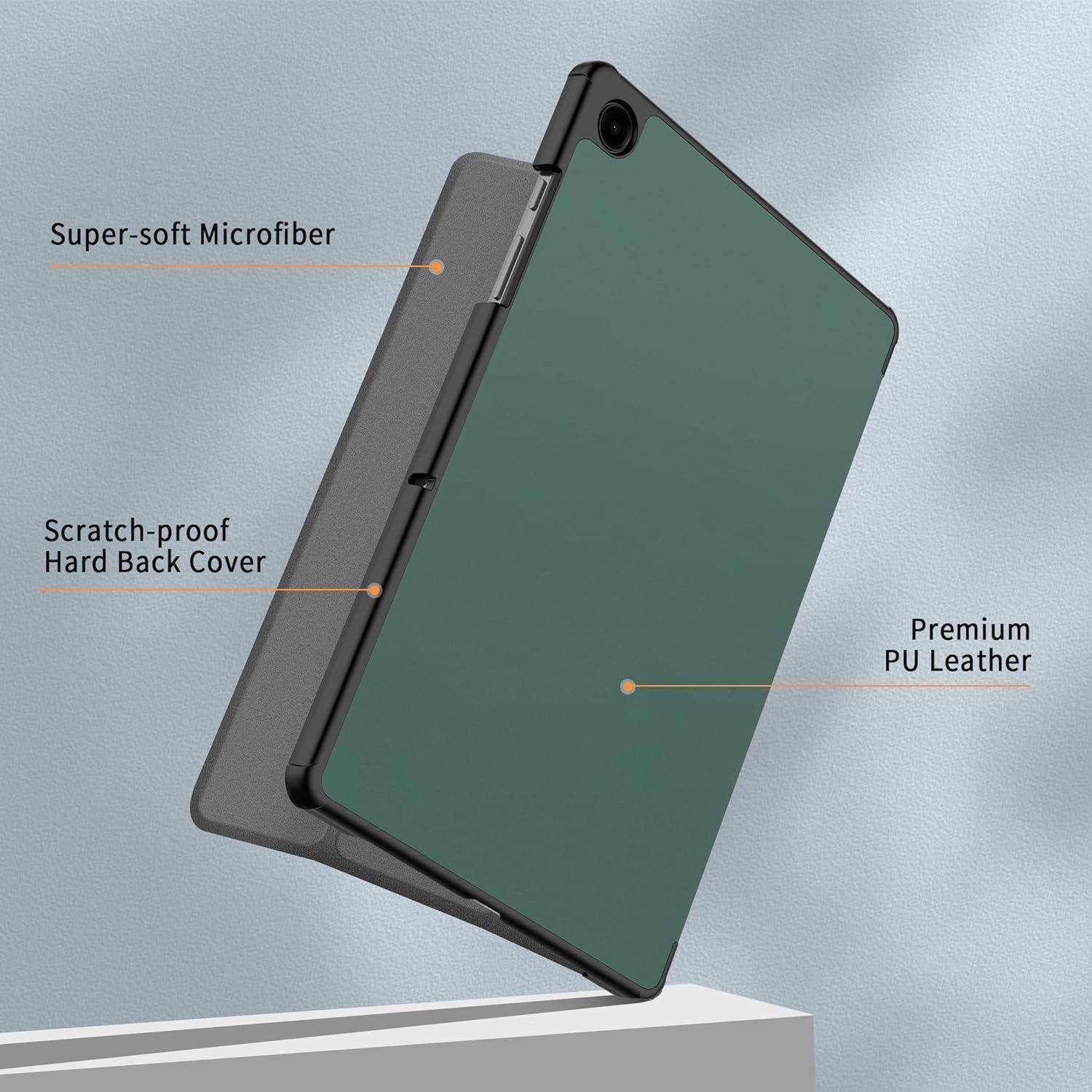 Produktbild einer Tablet-Schutzhülle mit grüner Premium-PU-Leder-Vorderseite, kratzfester harter Rückseite und superweichem Mikrofaser-Futter.