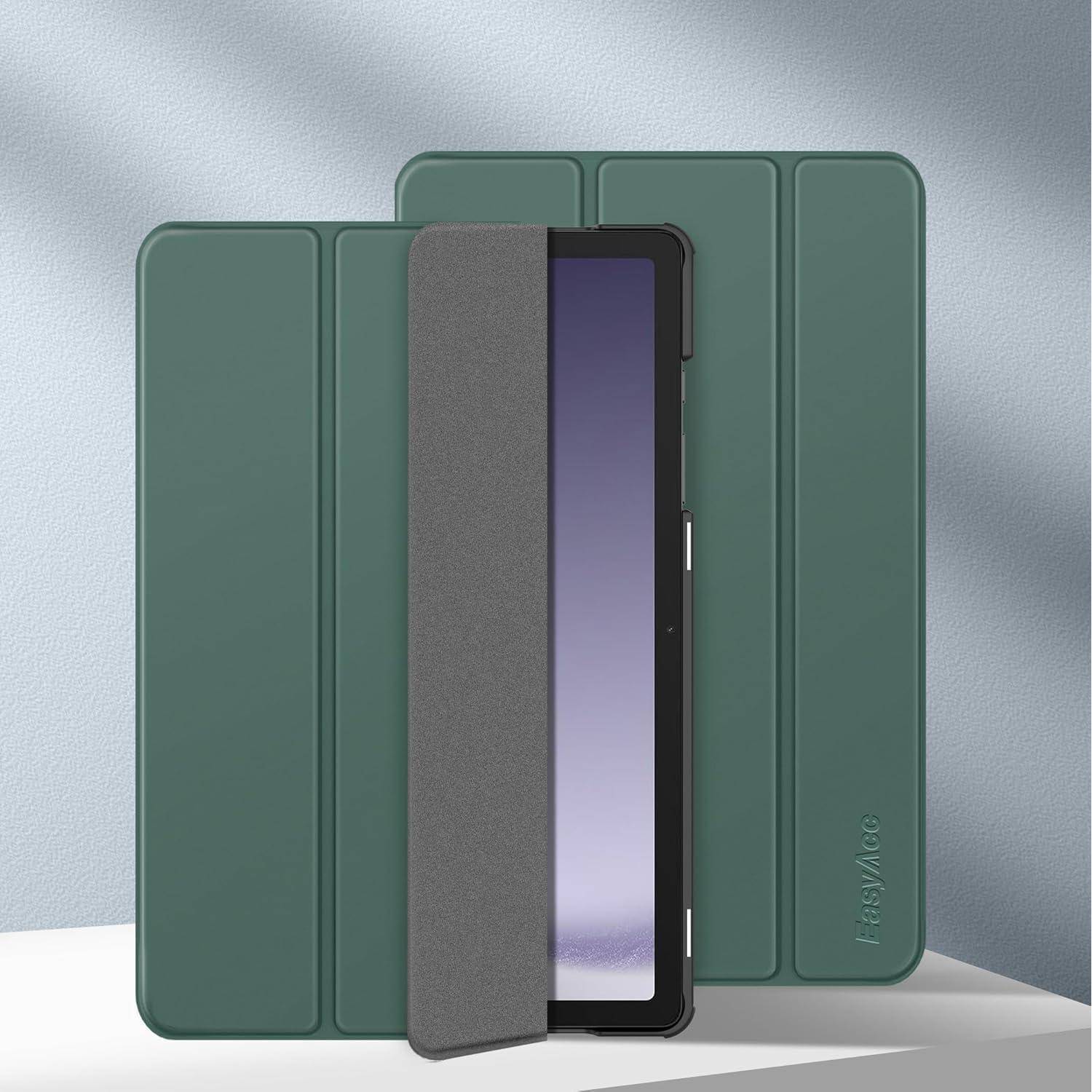 Tablet in einem grünen Folio-Etui mit geöffnetem Vorderdeckel, zeigt den Bildschirm und den integrierten Ständer.