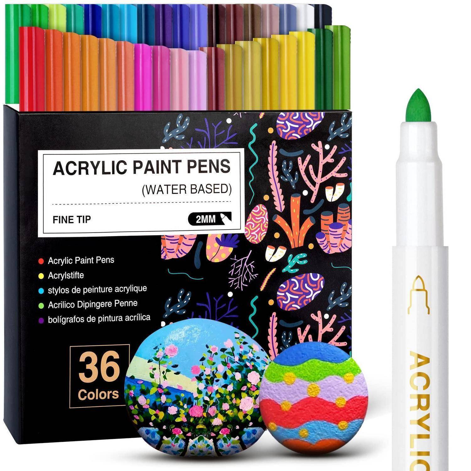 Schachtel mit 36 wasserbasierten Acrylfarben-Stiften mit feinen Spitzen und einem weißen Stift mit grüner Kappe daneben abgebildet.