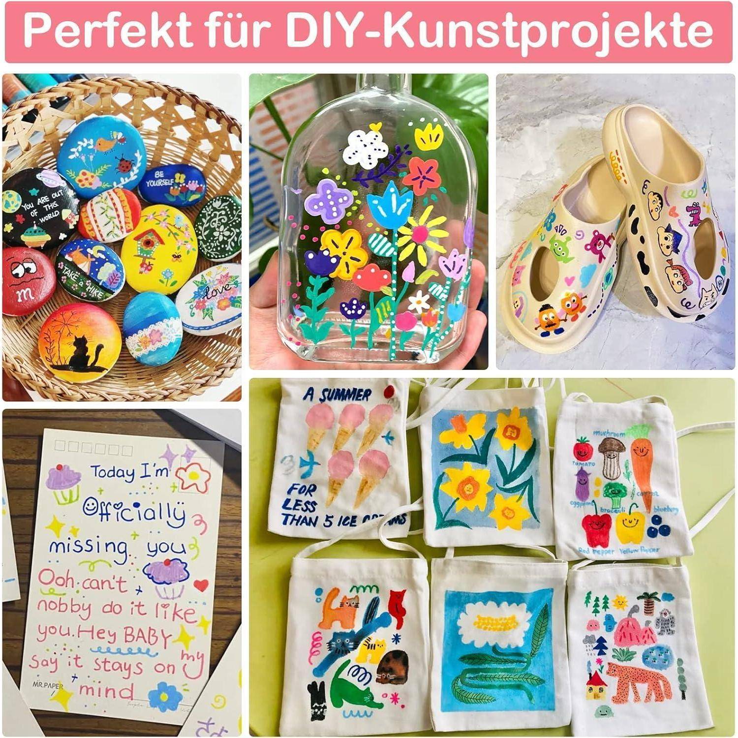 Collage aus DIY-Handwerksprojekten: bemalte Steine, eine mit Blumen verzierte Glaskuppel, dekorierte Holzschuhe, eine handgeschriebene Notizkartenk und kleine bemalte Leinwandtaschen.