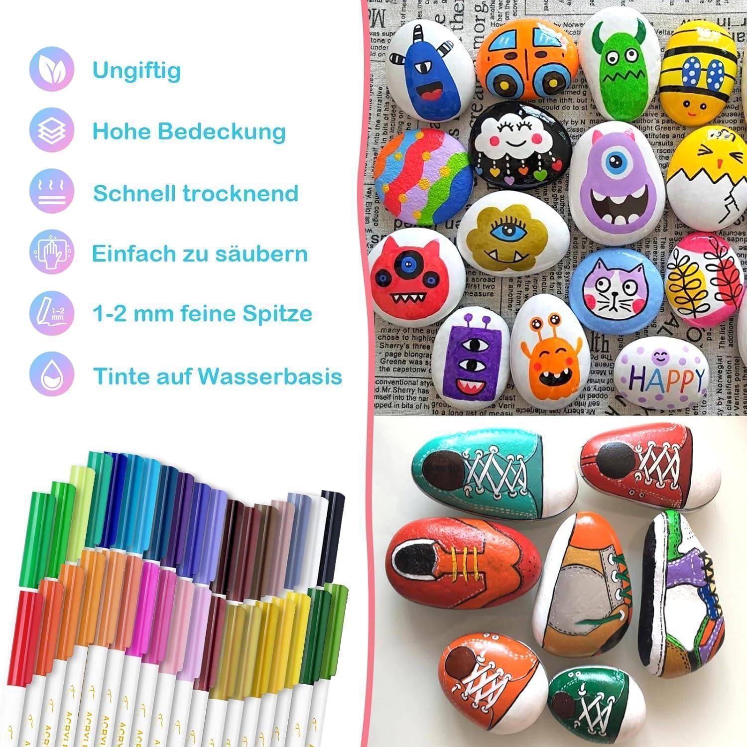 AKARUED 36 Farben Marker Acrylstifte, Acrylfarben Stifte für Holz Glas Papier Leinwand Geschenkekarte DIY Fotoalben Ostereier Deko Kunststoff Stoff