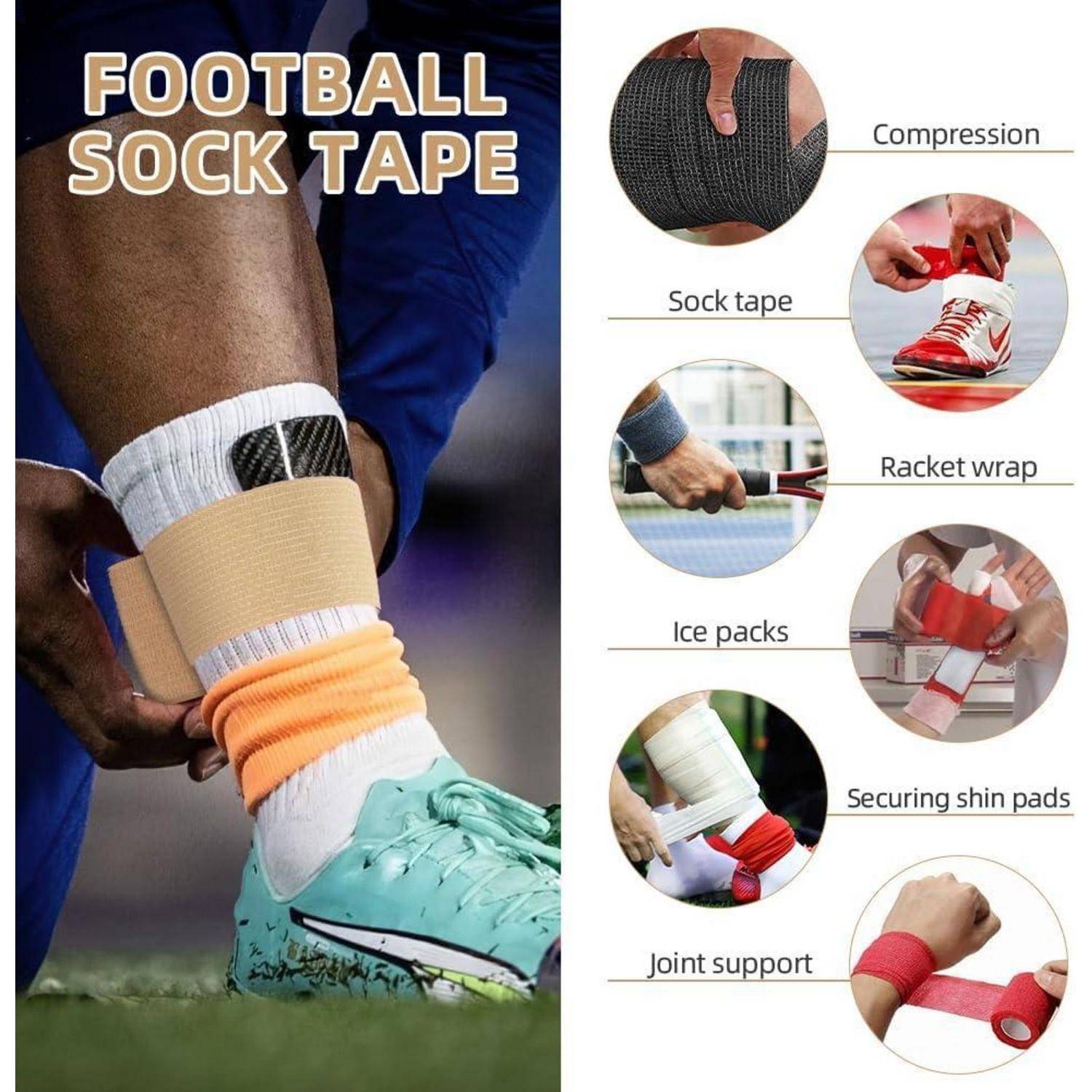 Werbegraphik für „FOOTBALL SOCK TAPE" mit um den Knöchel eines Spielers gewickeltem Klebeband und Beispielen für Anwendungen: Kompression, Sockenband, Schlägerwicklung, Eispackungen, Befestigung von Schienbeinschonern und Gelenkstütze.