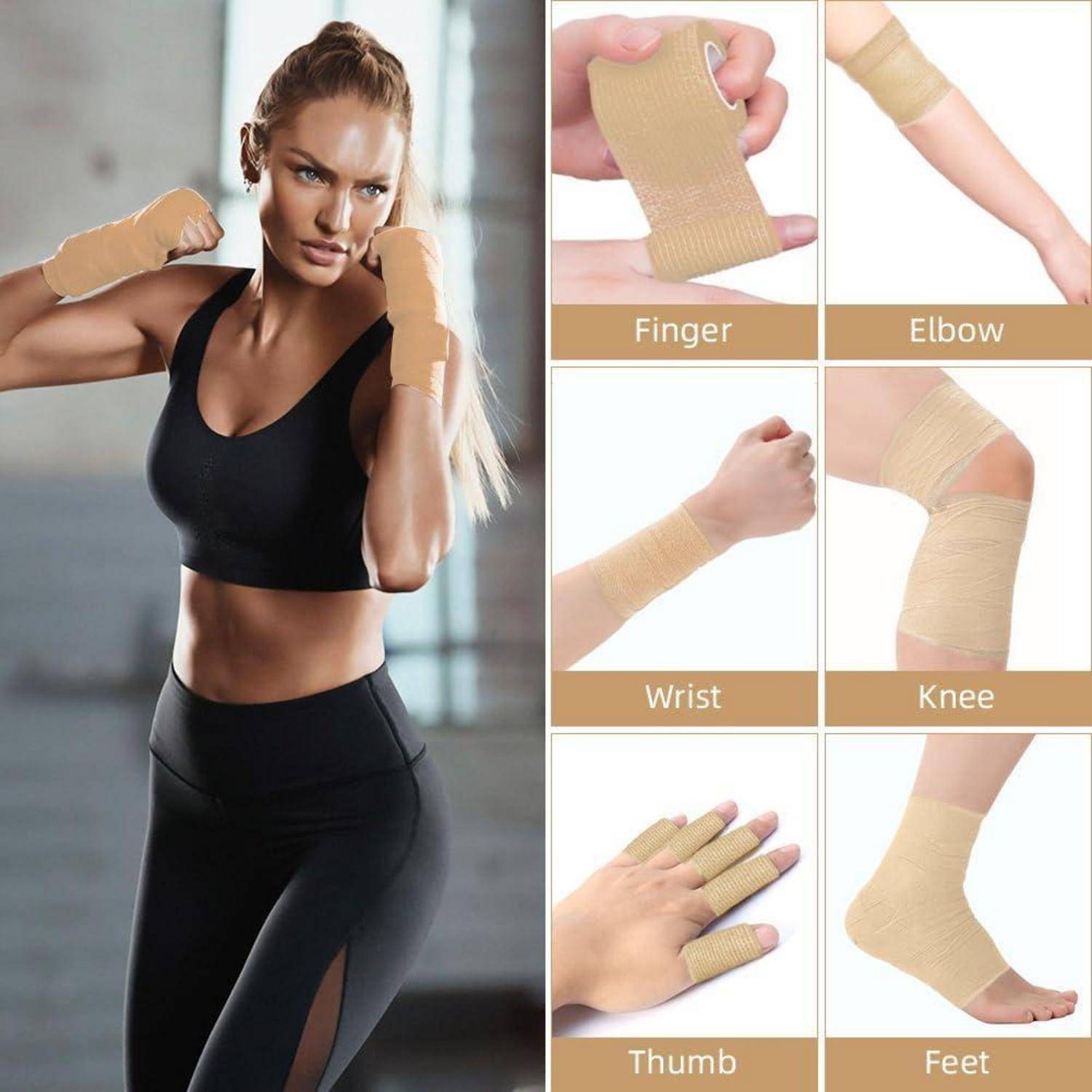 Foto einer Frau, die ihre Hände zum Boxen umwickelt; Seitenpaneele zeigen beige sportliche Bandagen, die an Finger, Ellbogen, Handgelenk, Knie, Daumen und Fuß verwendet werden.
