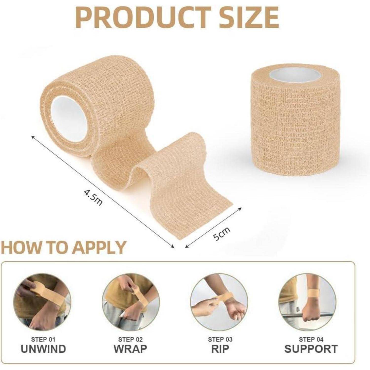 Produktgröße und Anwendungsleitfaden für beige selbstklebendes Wickelband: 4,5 m lang, 5 cm breit. Schritte gezeigt: abwickeln, wickeln, reißen, stützen.