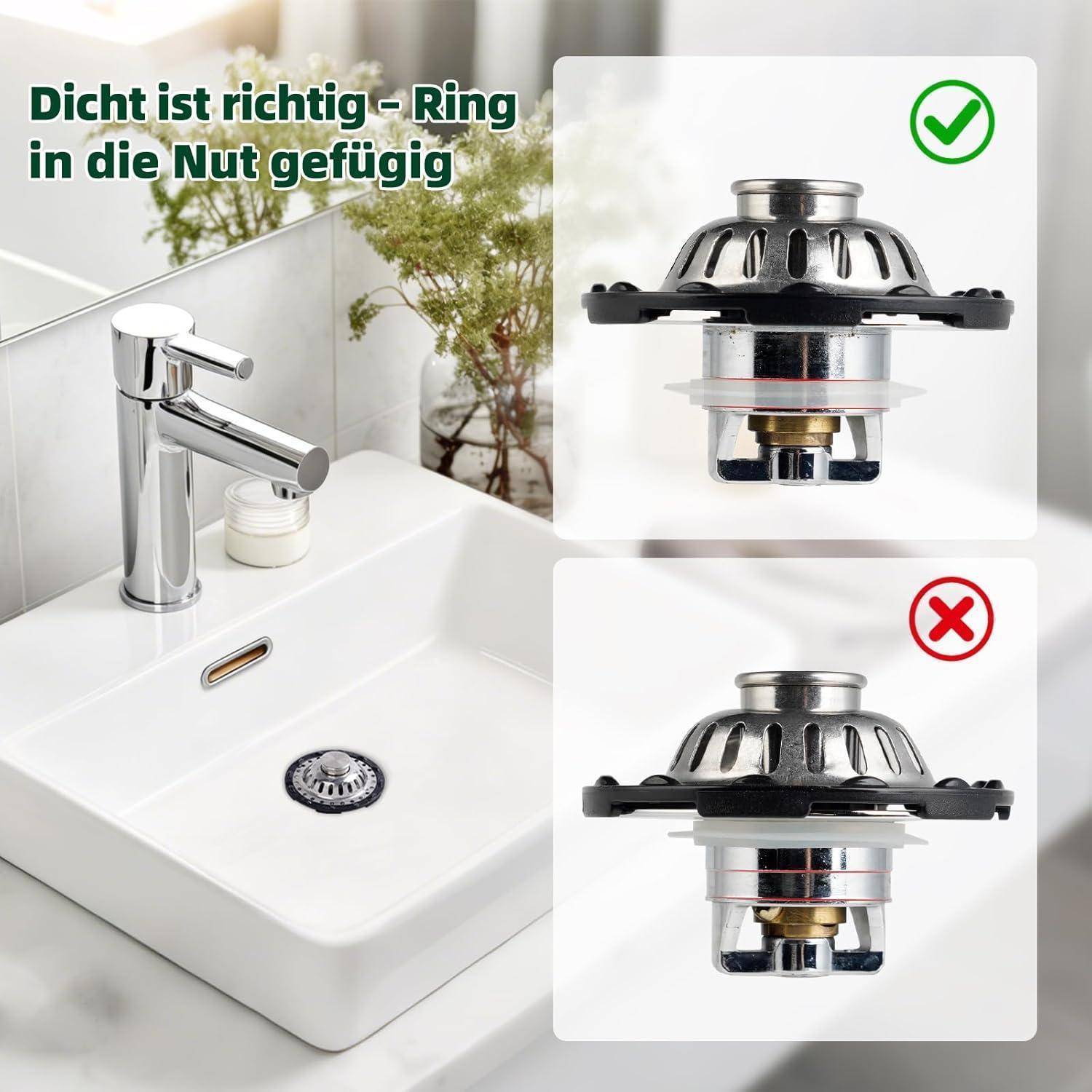 Badezimmerspüle mit Chromarmatur; deutscher Text sagt „Dicht ist richtig - Ring in die Nut gefügig.