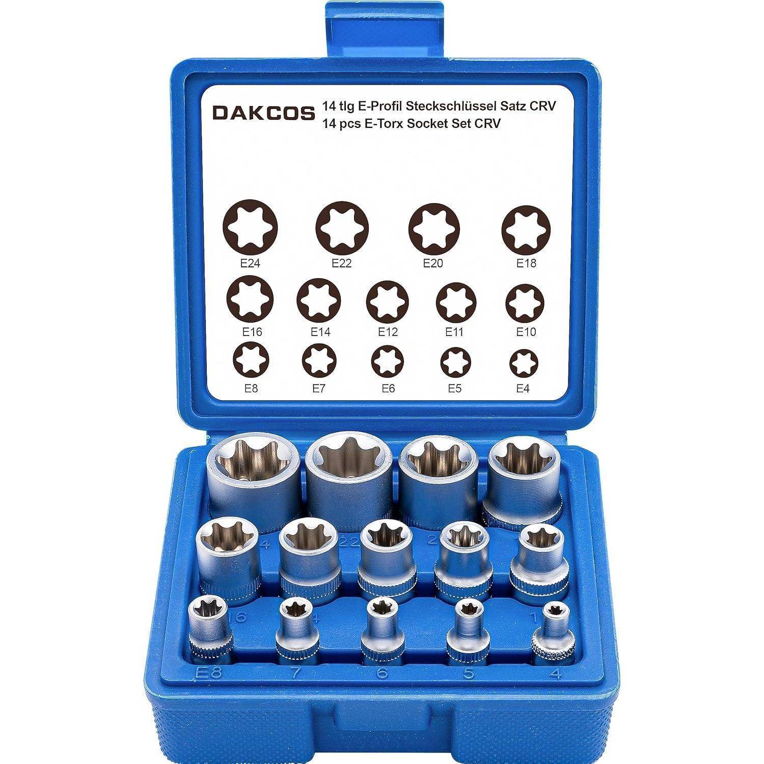 DAKCOS 14-tlg. Außen Torx Nuss Set Steckschlüssel Satz 1/4" 3/8" und 1/2" Stecknüsse E4, E5, E6, E7, E8, E10, E11, E12, E14, E16, E18, E20, E22, E2