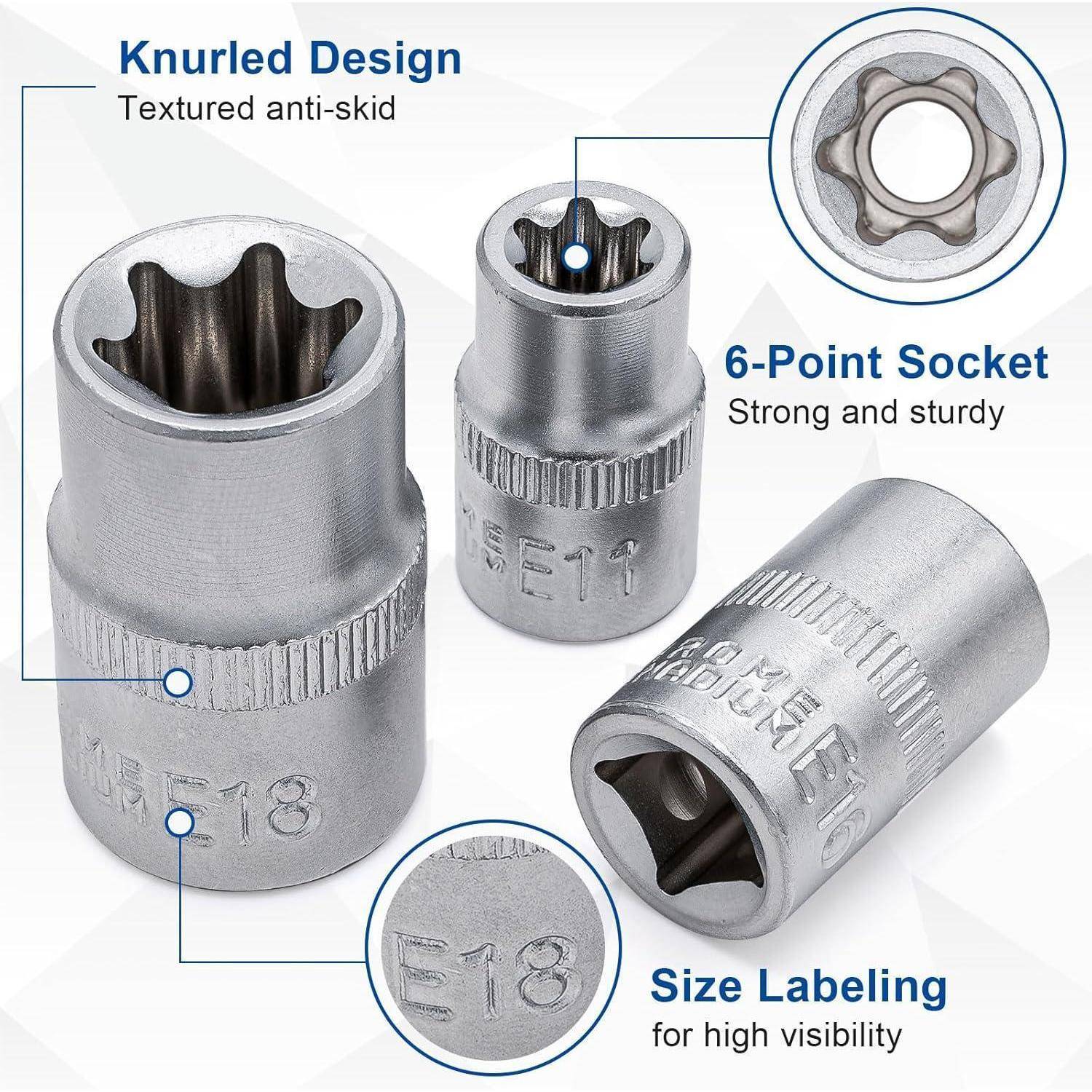 DAKCOS 14-tlg. Außen Torx Nuss Set Steckschlüssel Satz 1/4" 3/8" und 1/2" Stecknüsse E4, E5, E6, E7, E8, E10, E11, E12, E14, E16, E18, E20, E22, E2