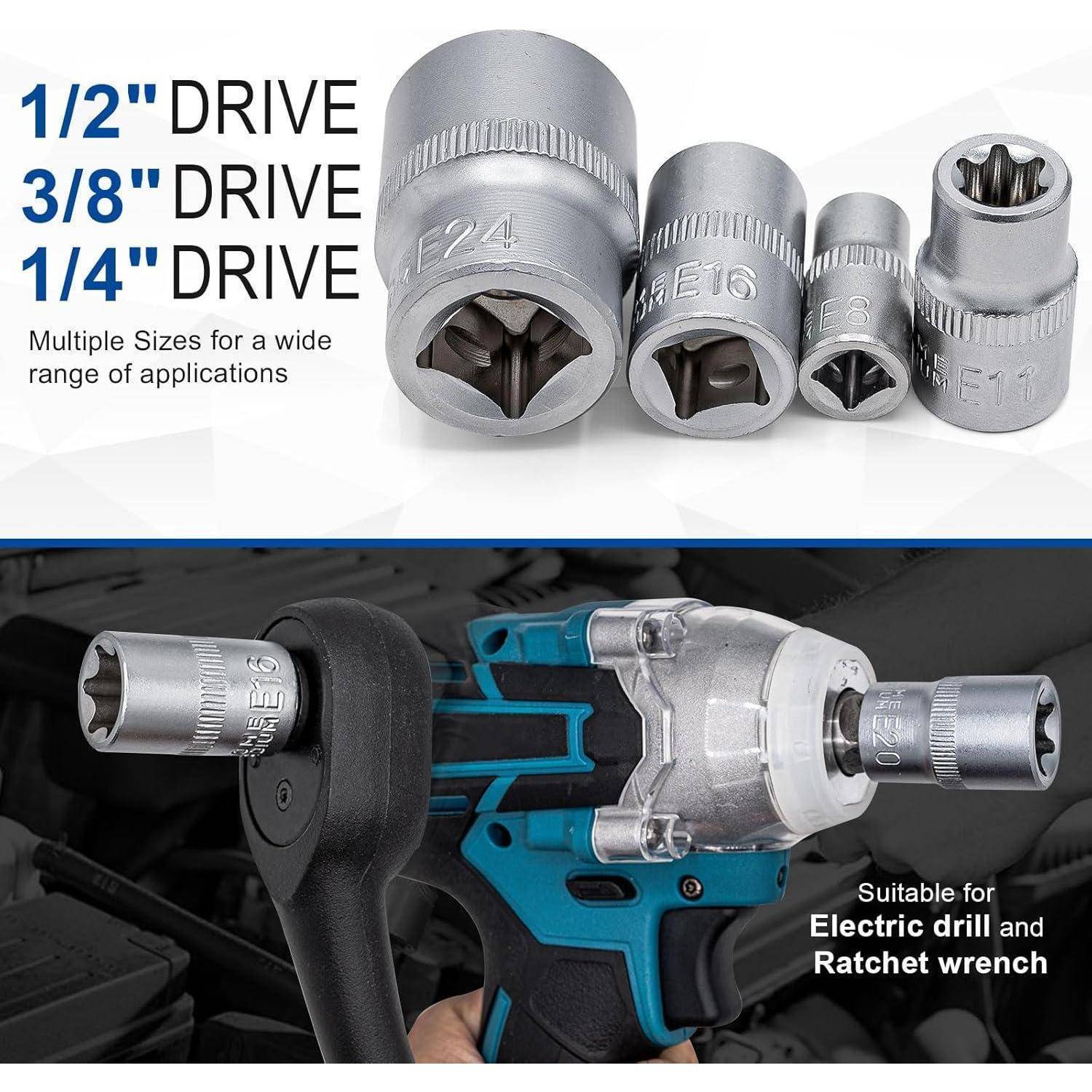DAKCOS 14-tlg. Außen Torx Nuss Set Steckschlüssel Satz 1/4" 3/8" und 1/2" Stecknüsse E4, E5, E6, E7, E8, E10, E11, E12, E14, E16, E18, E20, E22, E2