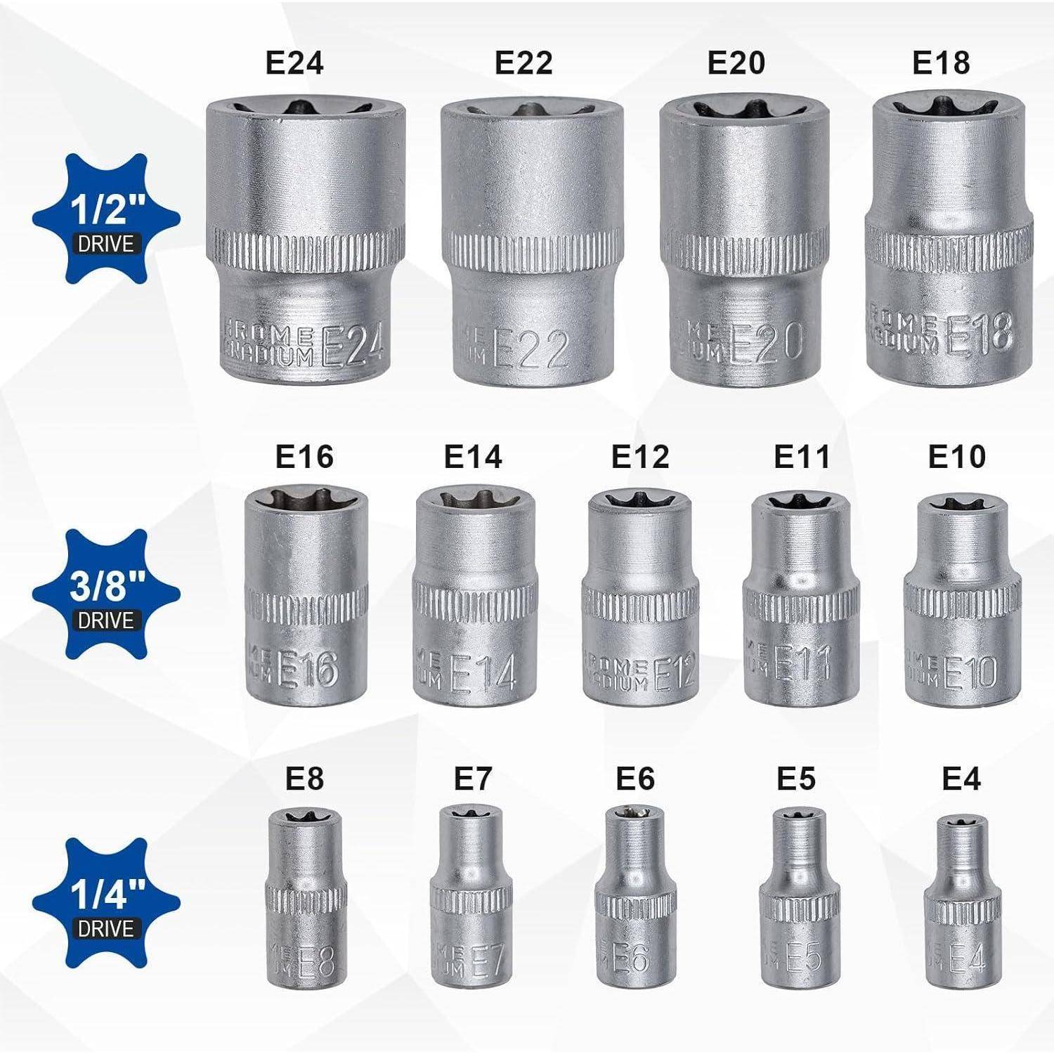 DAKCOS 14-tlg. Außen Torx Nuss Set Steckschlüssel Satz 1/4" 3/8" und 1/2" Stecknüsse E4, E5, E6, E7, E8, E10, E11, E12, E14, E16, E18, E20, E22, E2