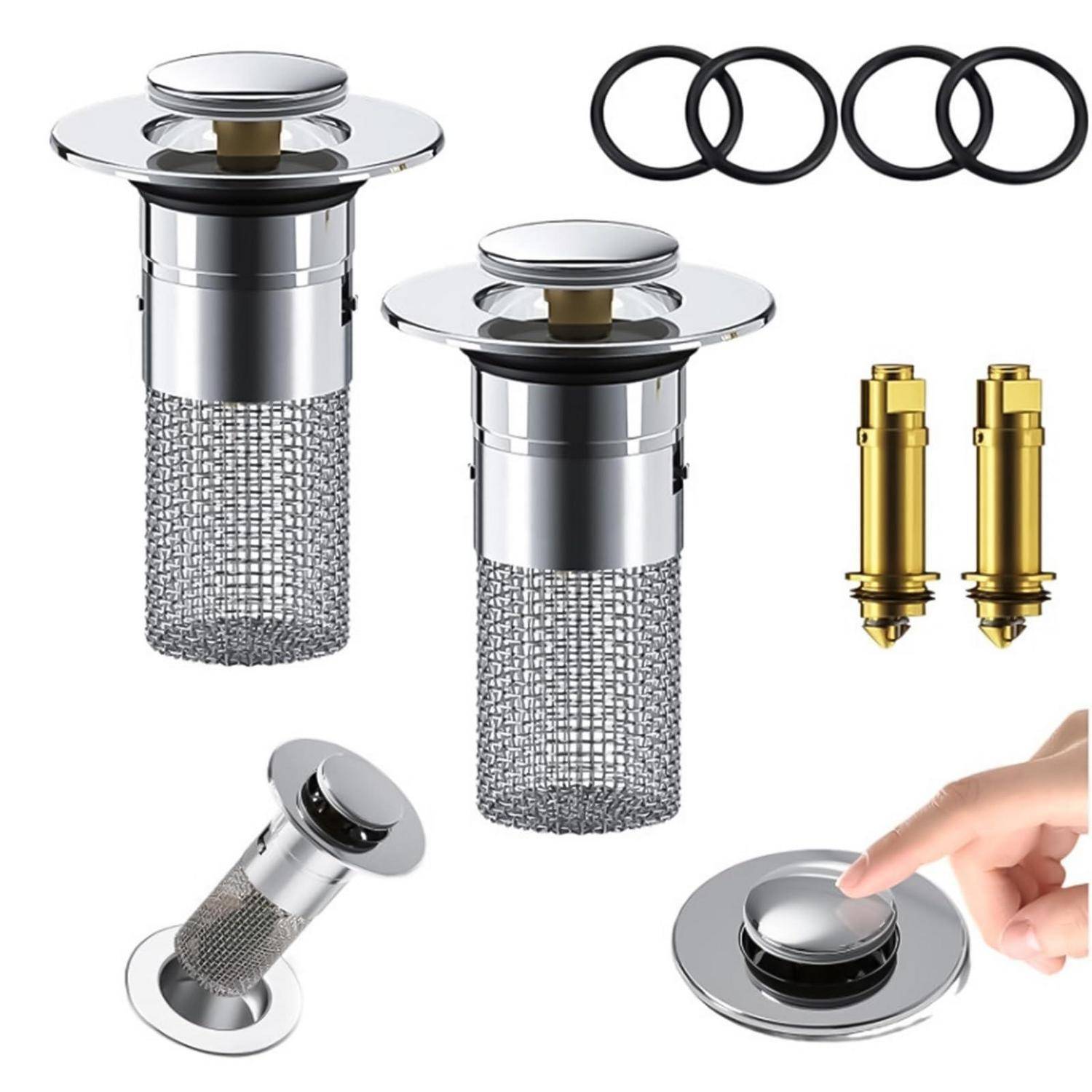 Pop-up-Spülbeckenabflussanordnung mit zwei Siebeinheiten, O-Ringen, Messingfittings und einem Finger, der die Stopperschaltfläche drückt.