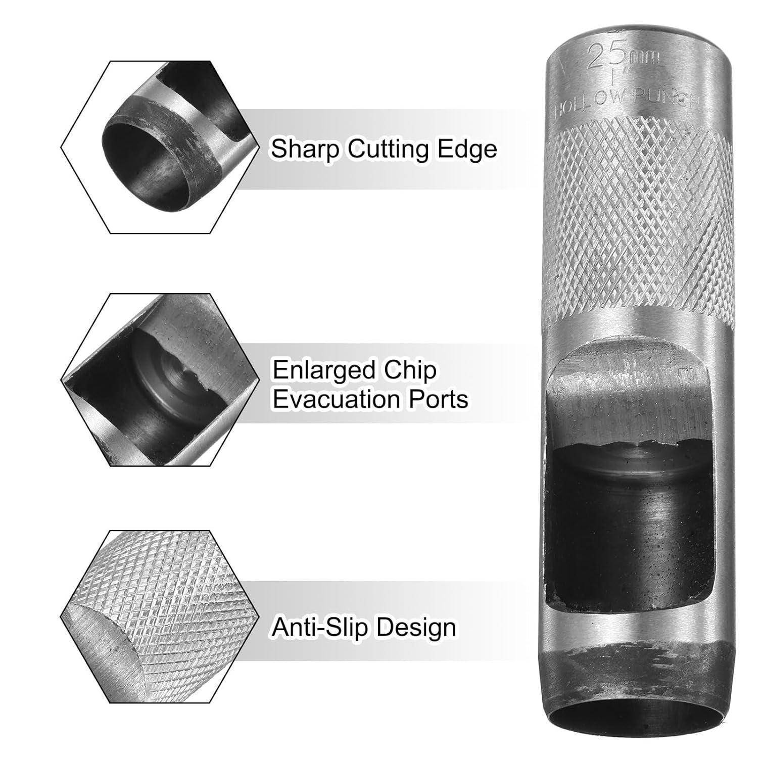 Diagramm eines zylindrischen Metallwerkzeugs mit gekennzeichneten Merkmalen: scharfe Schneidkante, vergrößerte Spanabfuhröffnungen und rutschfestes Design.